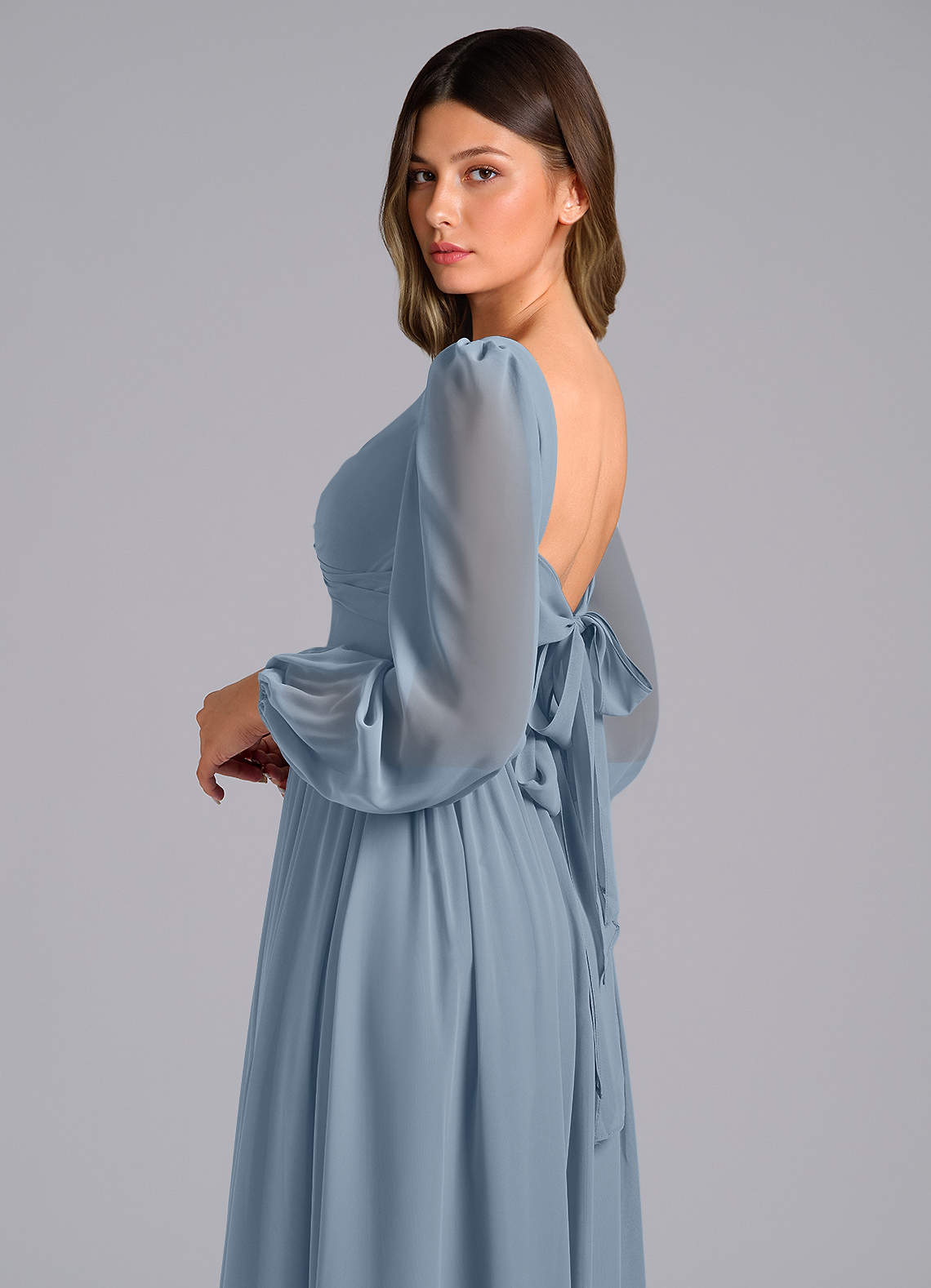 Azazie Zeya Bridesmaid Dresses Dusty Blue A-Line Long Sleeve Chiffon Dress image5