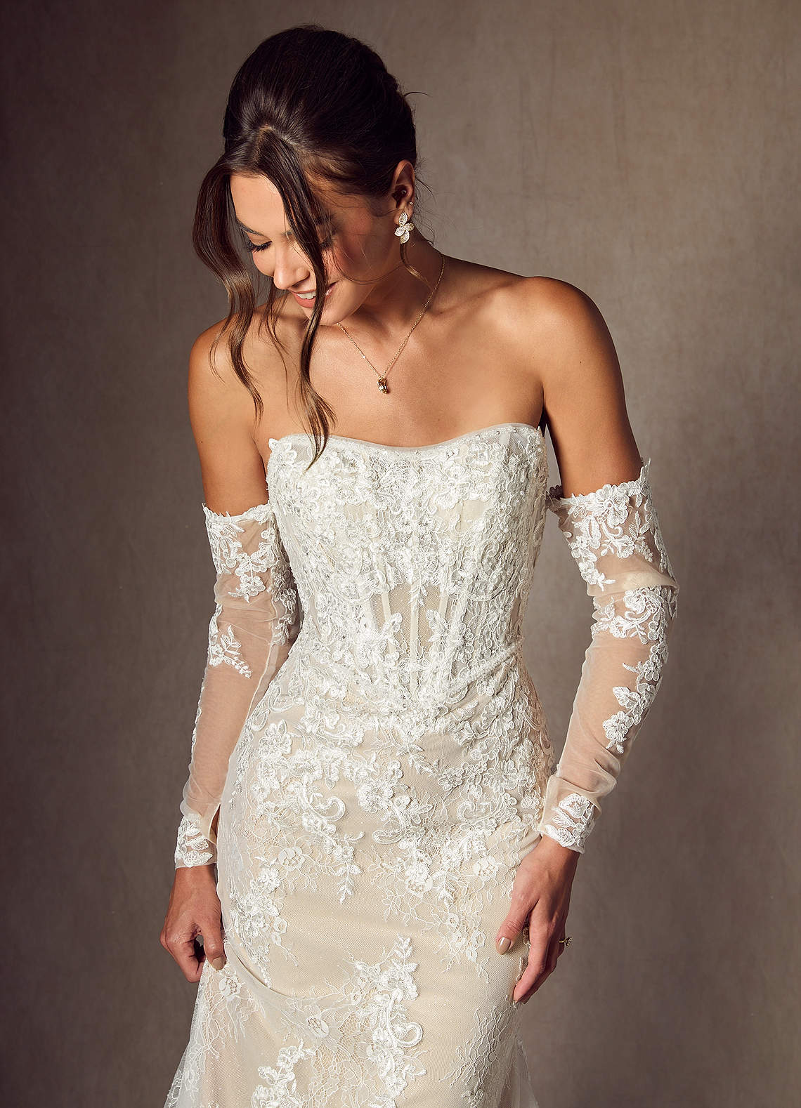 Azazie Caitlin At-home Try On Dresses Diamond White Champagne Mermaid Strapless Lace Dress image2