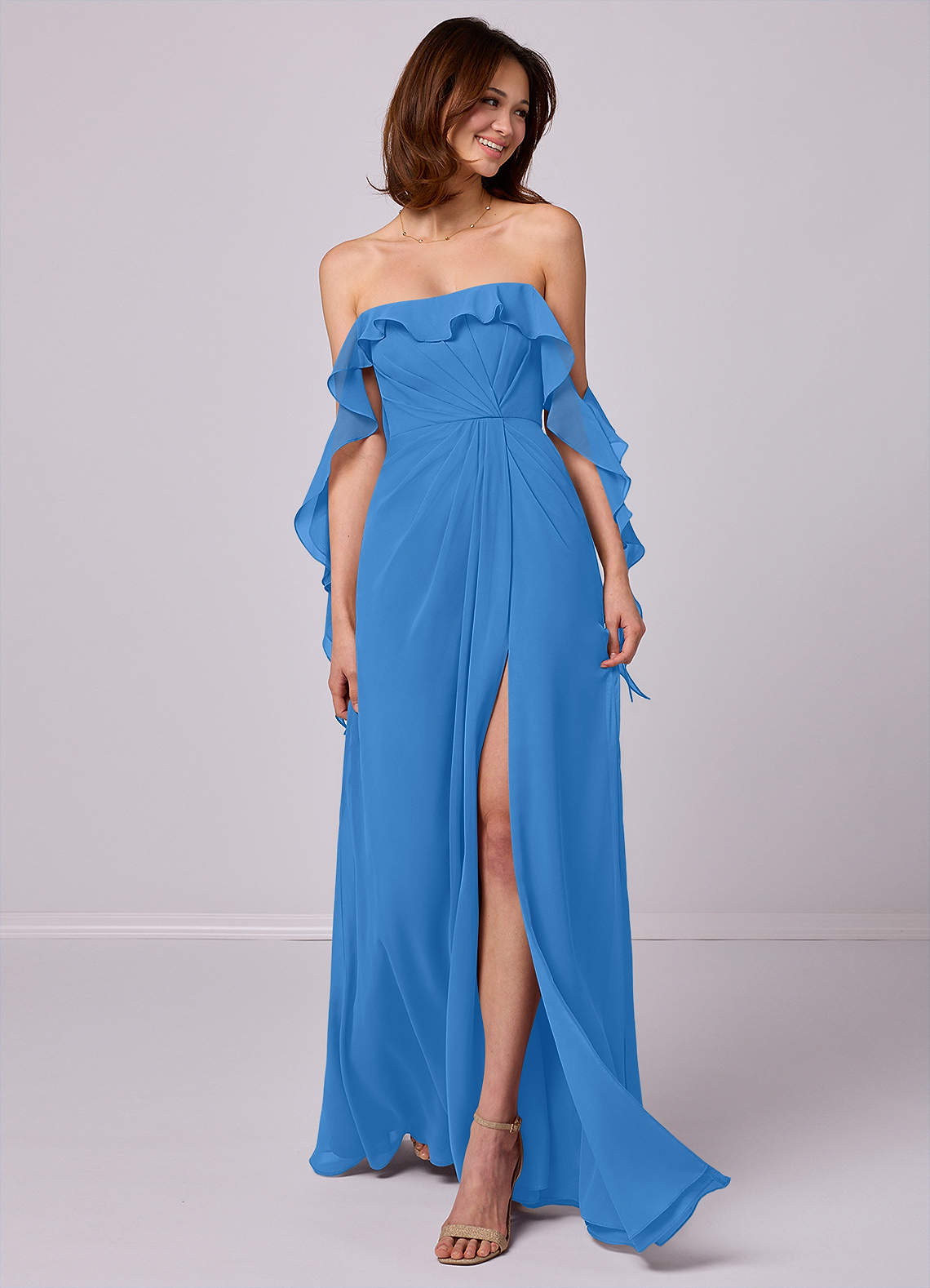 Barbie ♥ Azazie Jurken voor bruidsmeisjes Converteerbaar Jurk van Chiffon met A-Lijn Off the Shoulder Blauwe Gaai image1