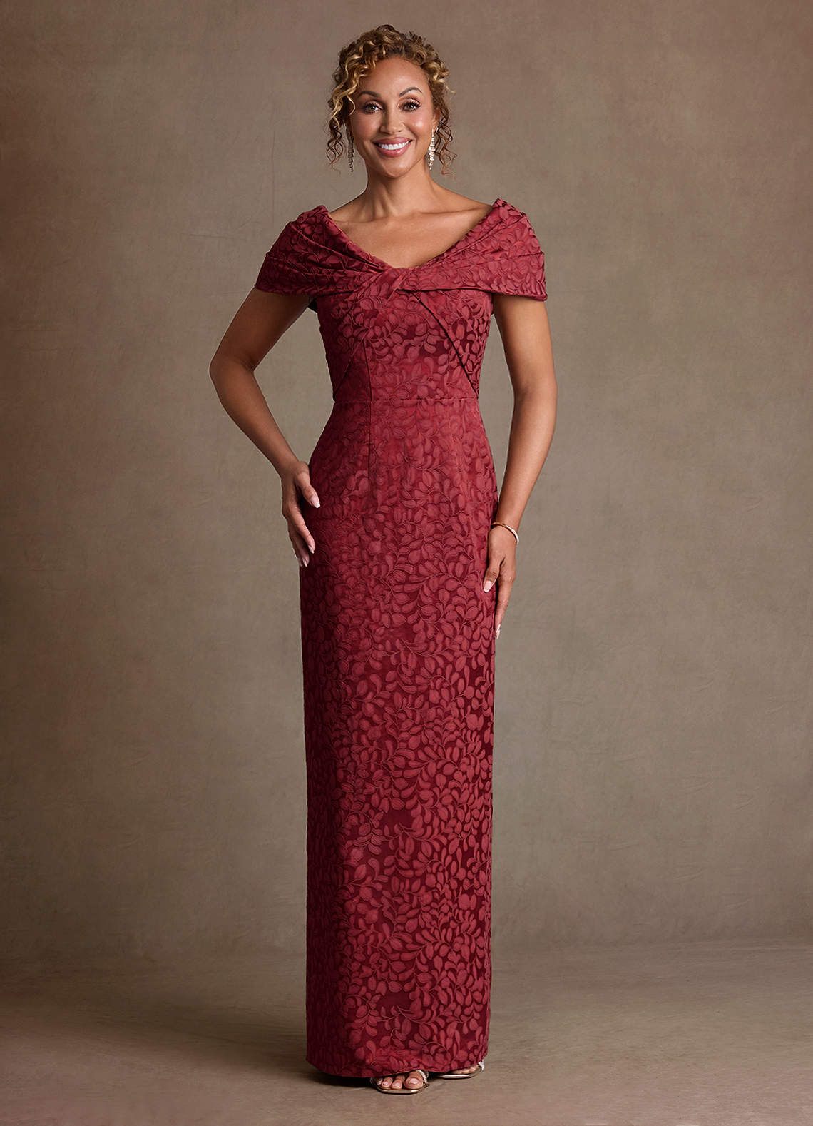 Azazie Atkins Cabernet Franc Column Off the Shoulder Floral