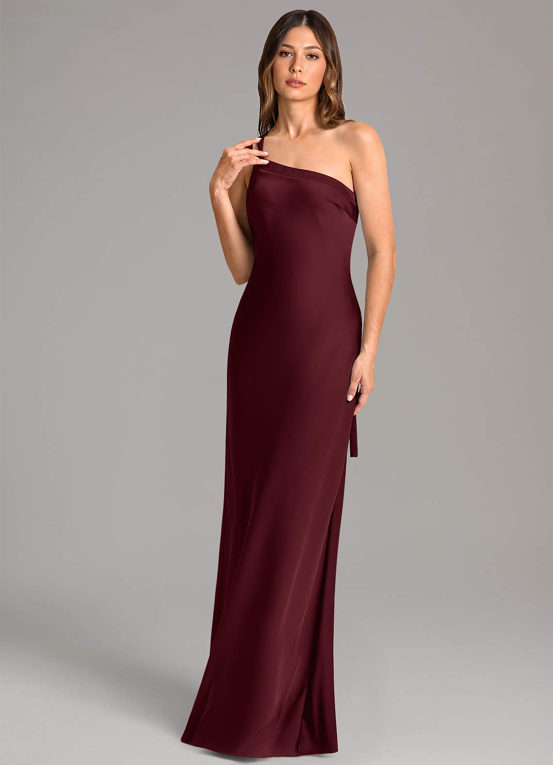 Azazie Monroe Bridesmaid Dresses Cabernet Mermaid One Shoulder Stretch Satin Dress image1