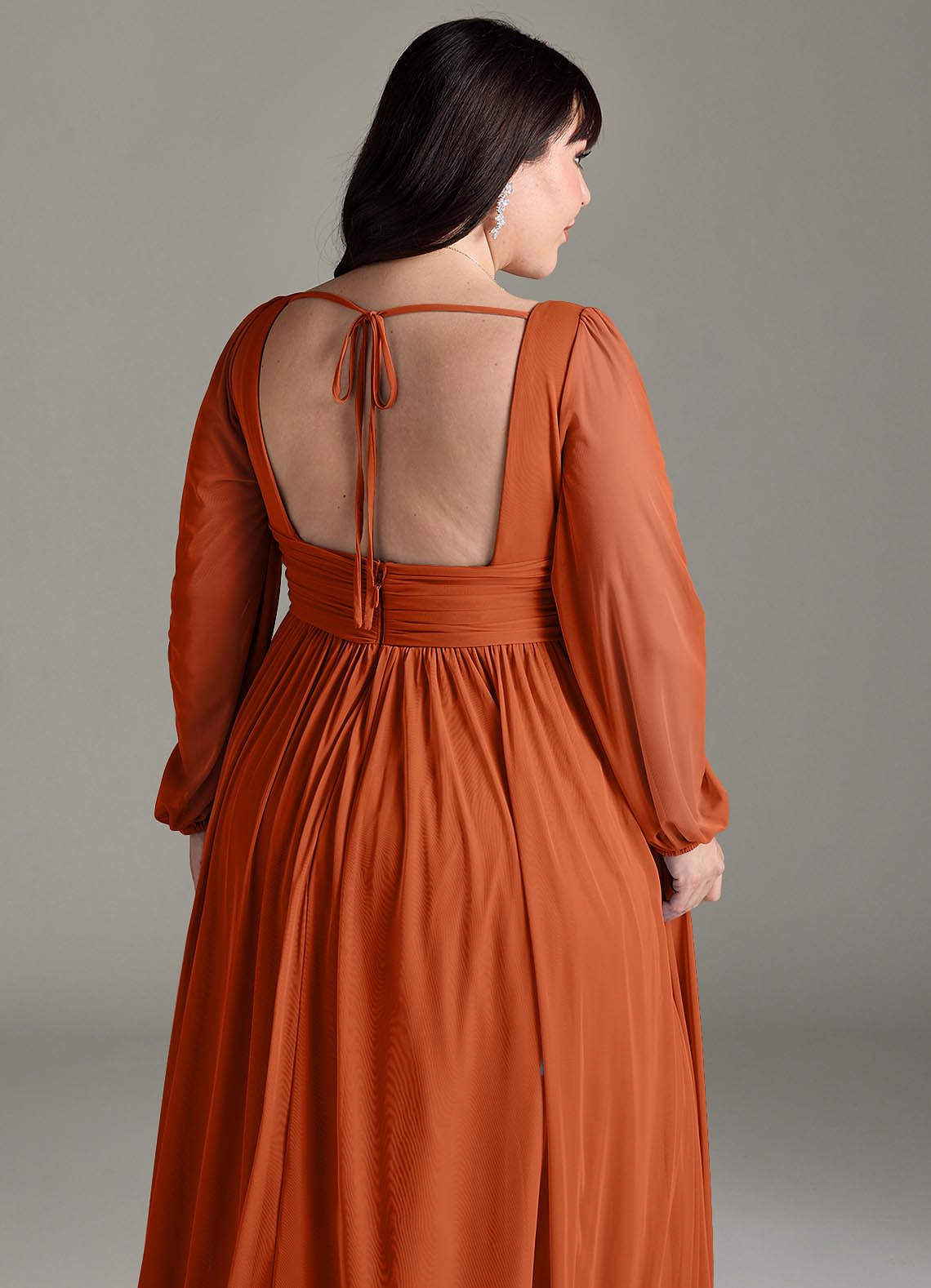 Azazie Norah Bridesmaid Dresses Burnt Orange A-Line V-Neck Long Sleeve Chiffon Dress image12