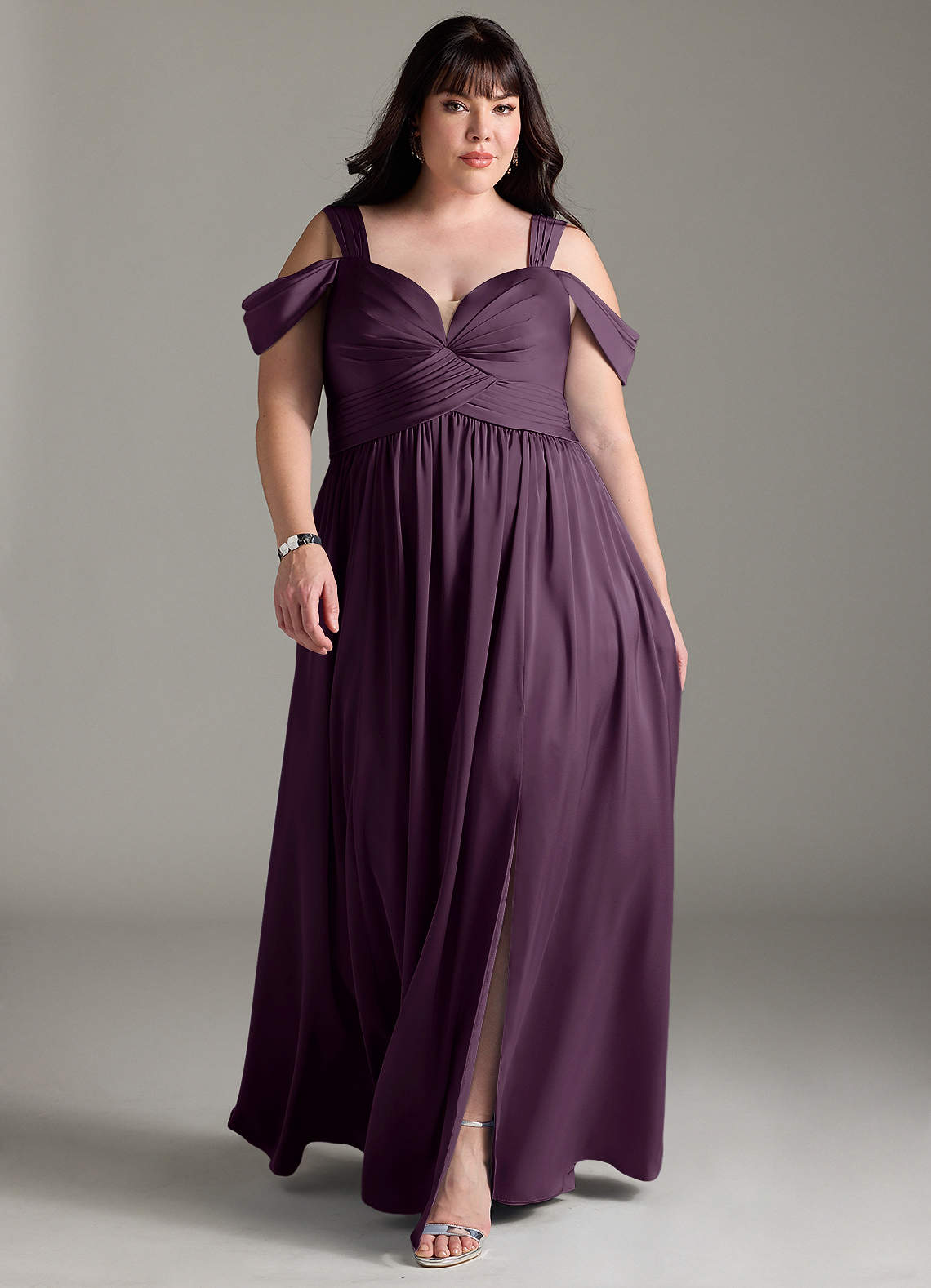 Azazie Lianne Brautjungfernkleider A-Linie Schulterfrei Stretch-Satin Kleid Pflaume image1