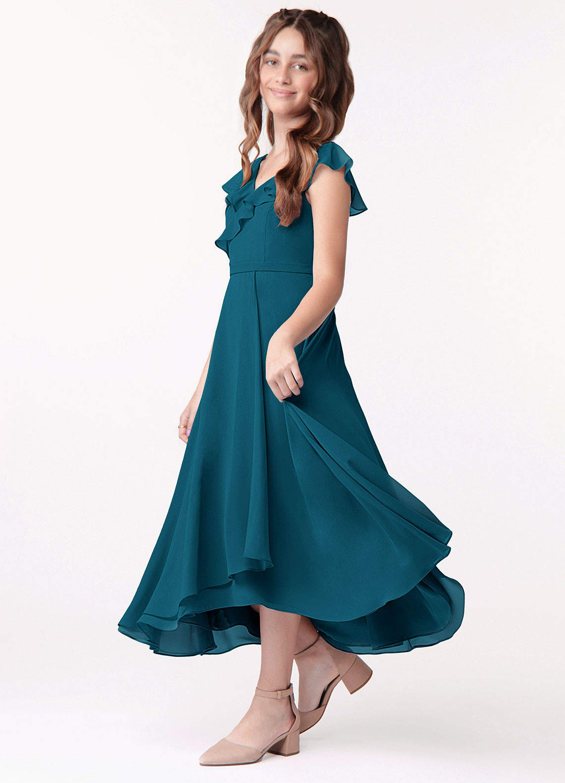 Azazie Posie Junior Ink Blue A-Line Ruched Chiffon Dress image1