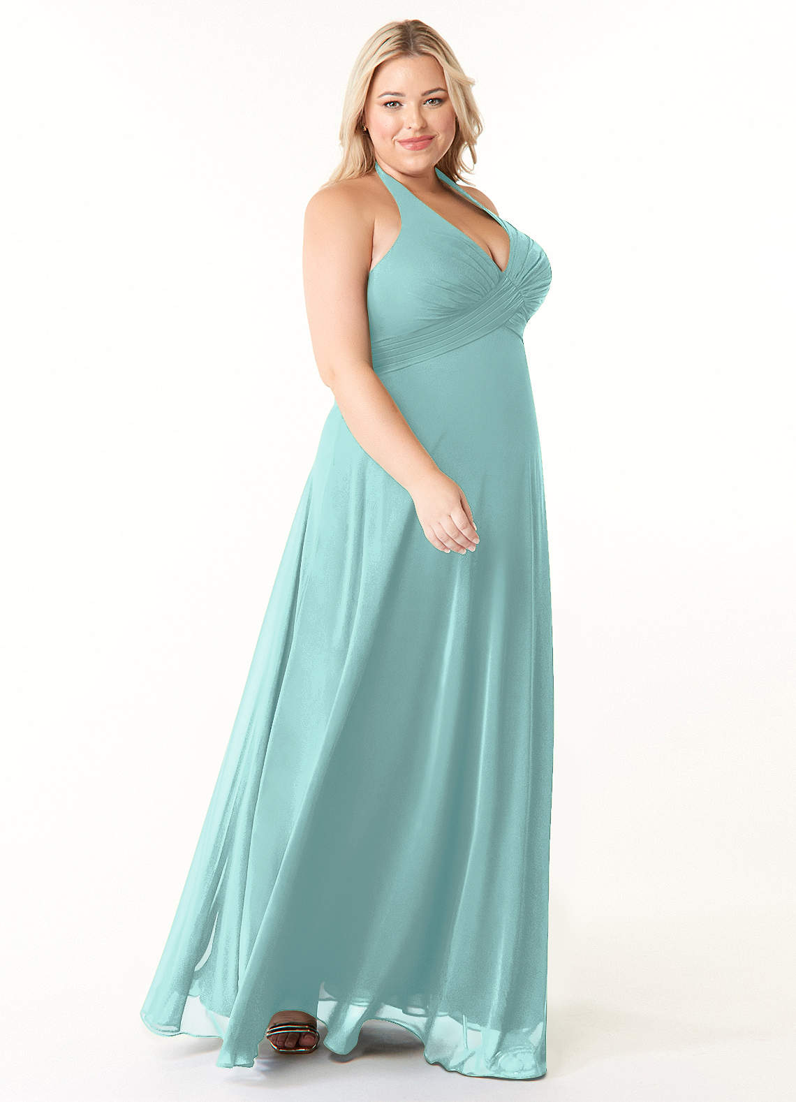 Azazie Tessie Vestidos de damas de honor Vestido de Aqua de Gasa de Corte en A con Cuello en V plisado image7