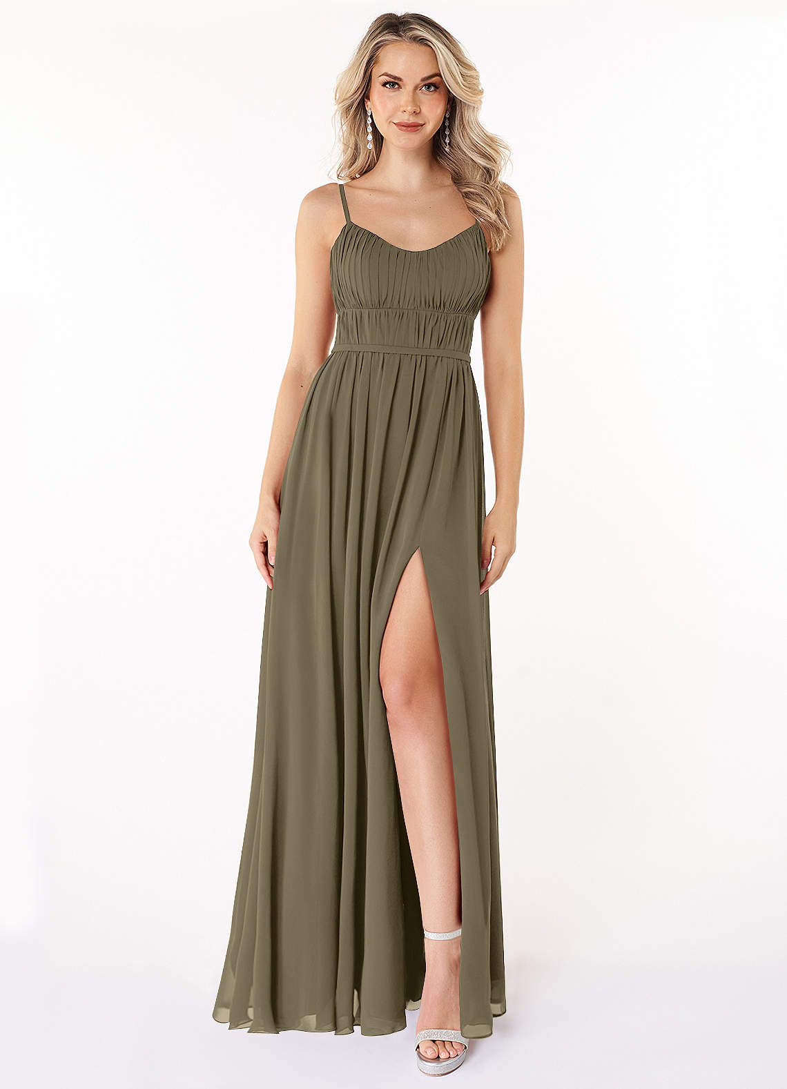 Azazie Yanelie Bridesmaid Dresses Willow Green A-Line Scoop Pleated Chiffon Dress image1