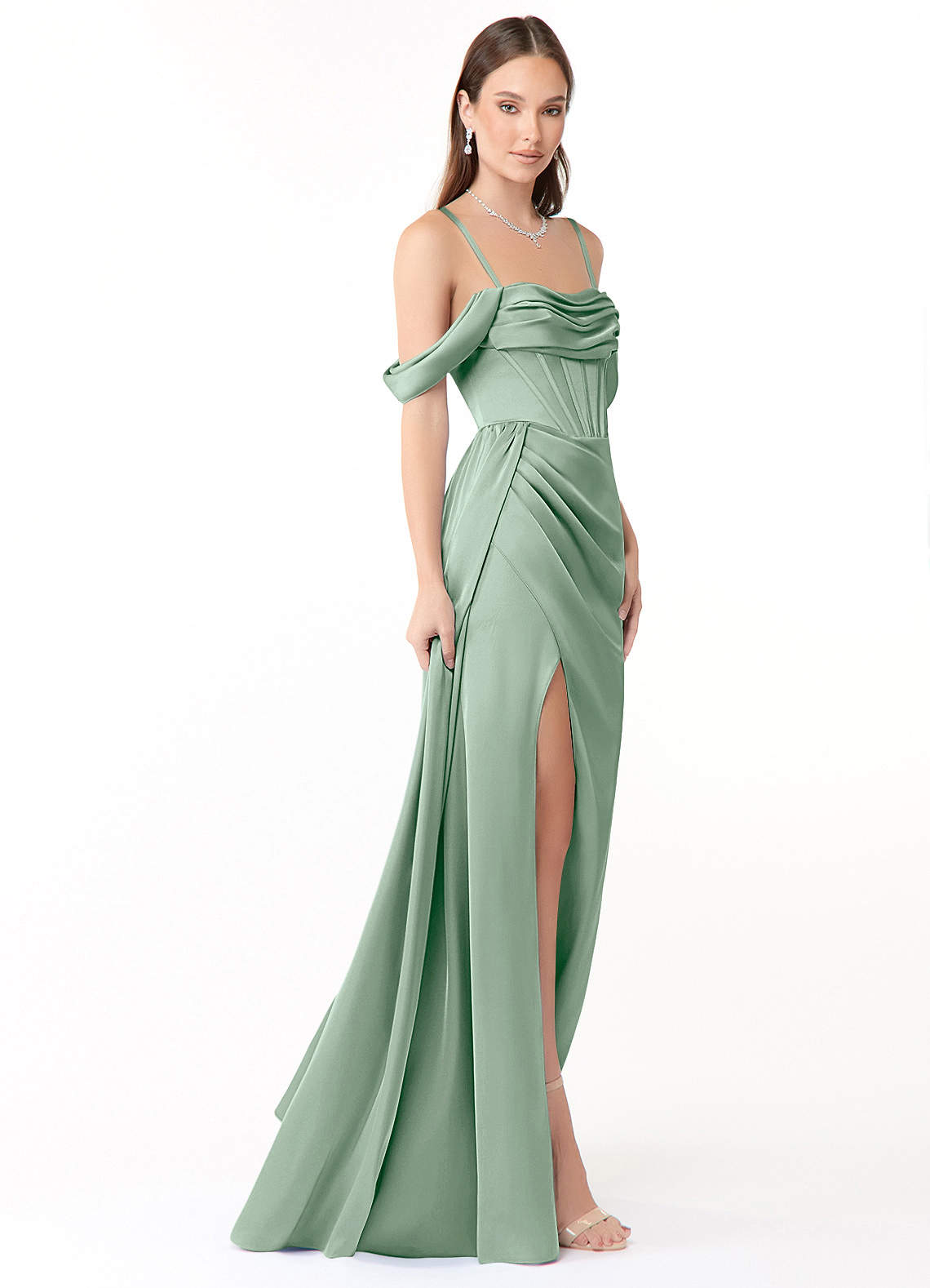Azazie Amyra At-home Try On Dresses Agave Sheath Off the Shoulder Stretch Satin Convertible Dress image6