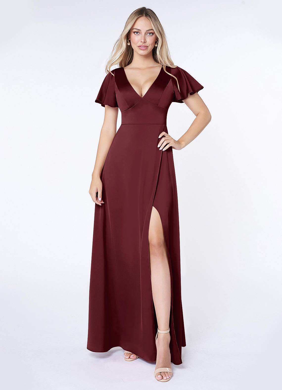 Azazie Lani Bridesmaid Dresses Cabernet A-Line Flounce Sleeve Stretch Satin Dress image1
