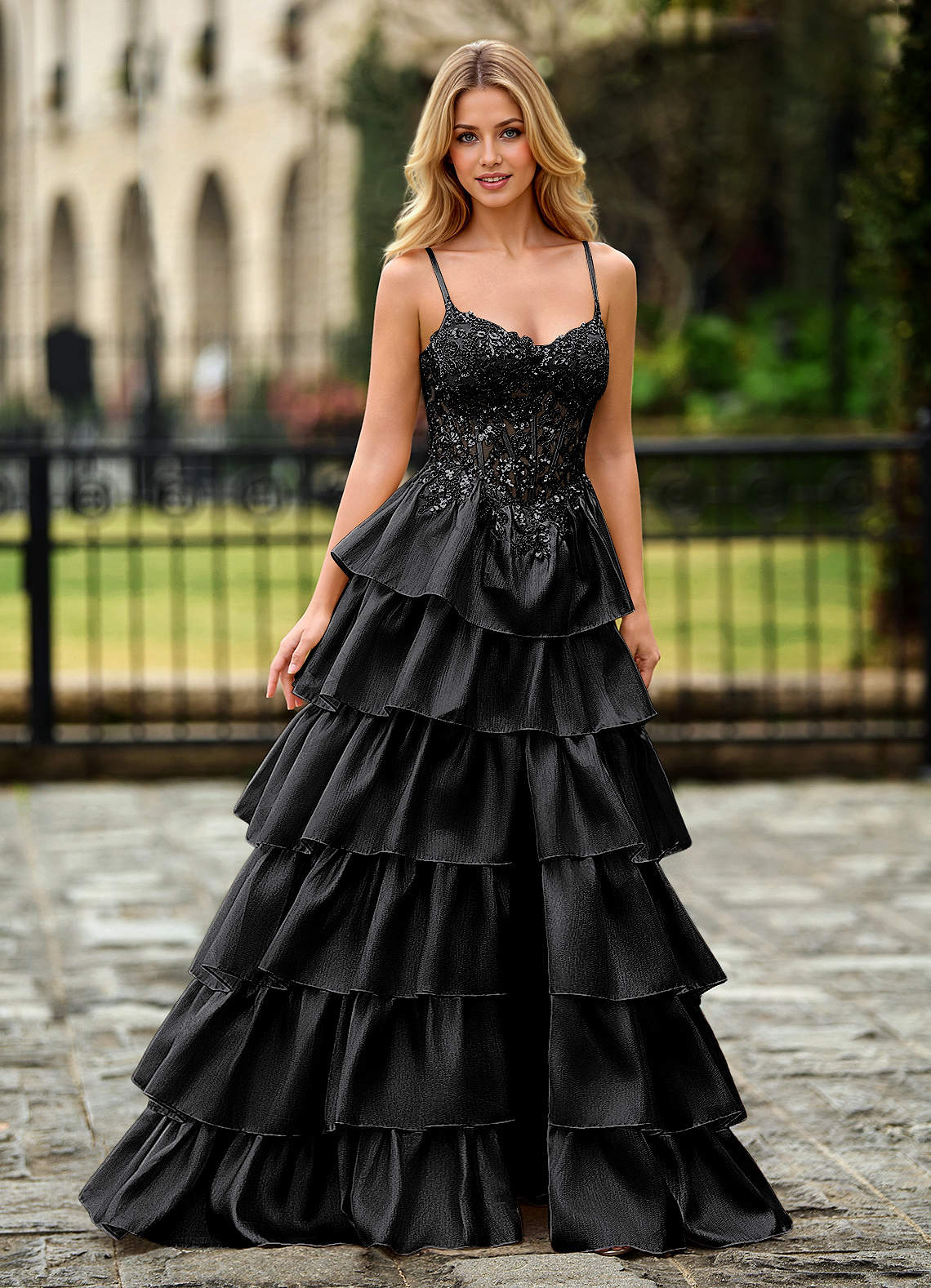 Azazie Black Floor-Length A-Line V Neck Corset Beading Sequins Lace Up Prom and Evening Dress UK