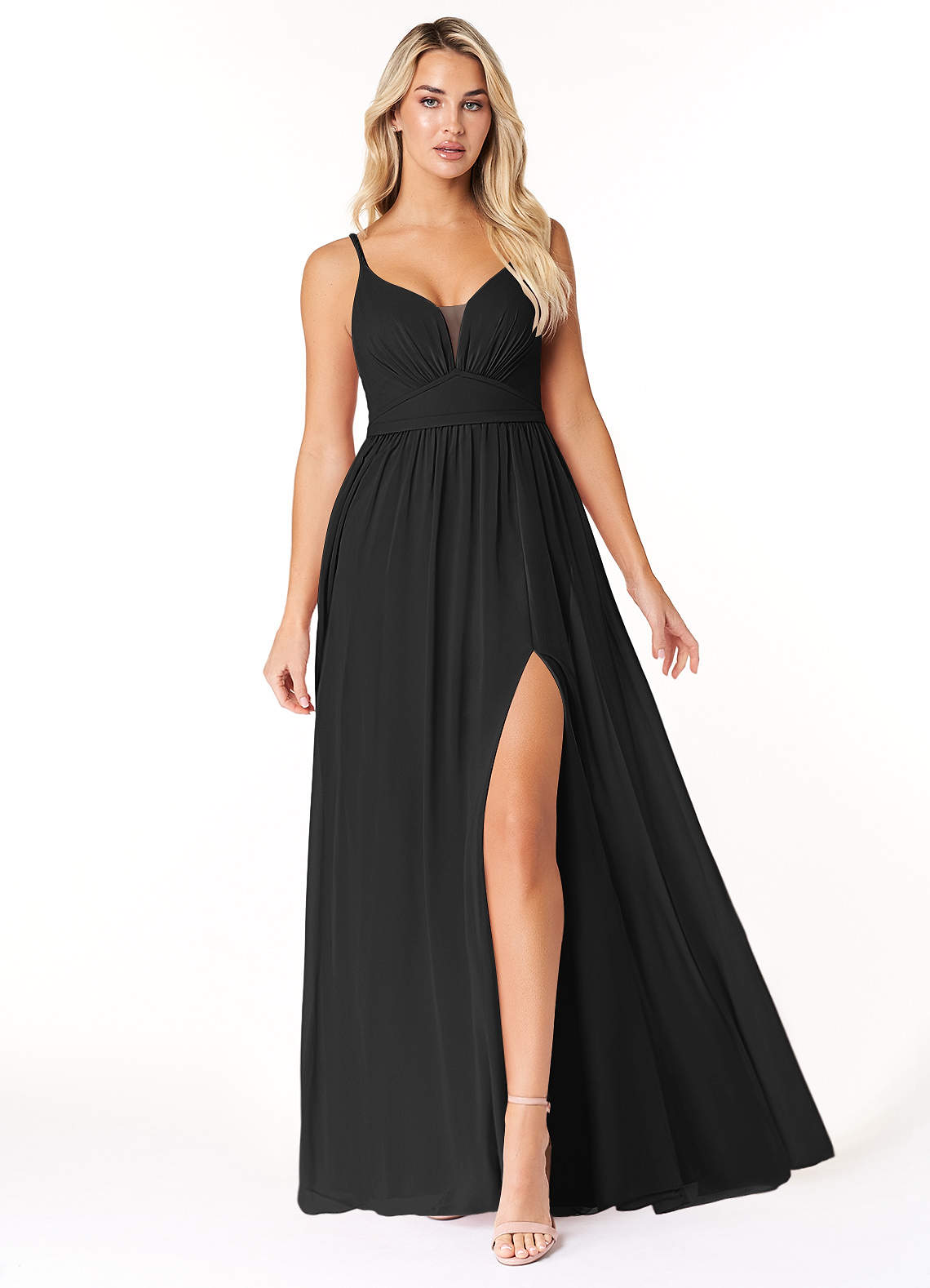 Azazie Rayna Bridesmaid Dresses Black A-Line V-Neck Pleated Chiffon Dress image1