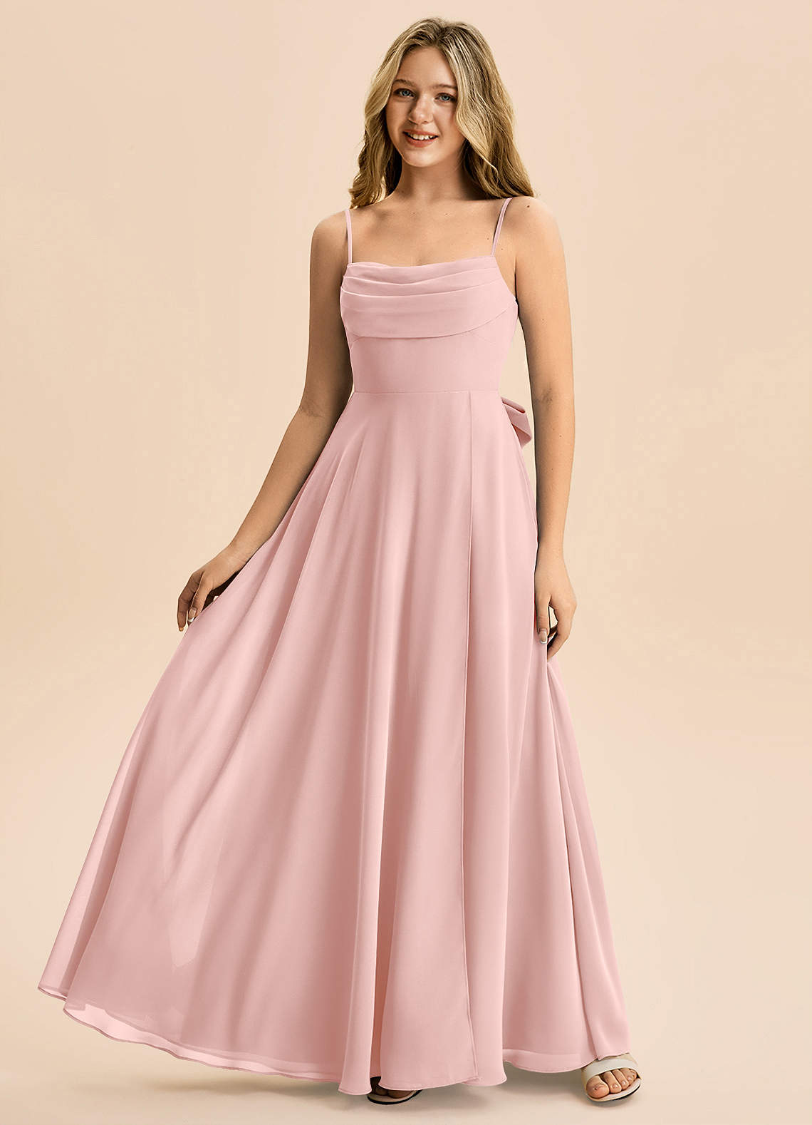 Azazie Bear Junior Jurk van Chiffon met A-Lijn Geplooid Poederroze image3