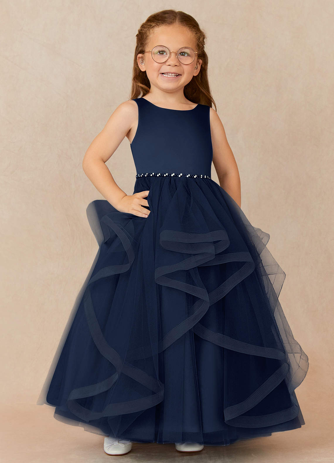 Azazie Sofia Flower Girl Dresses Dark Navy A-Line Beaded Tulle Dress image1