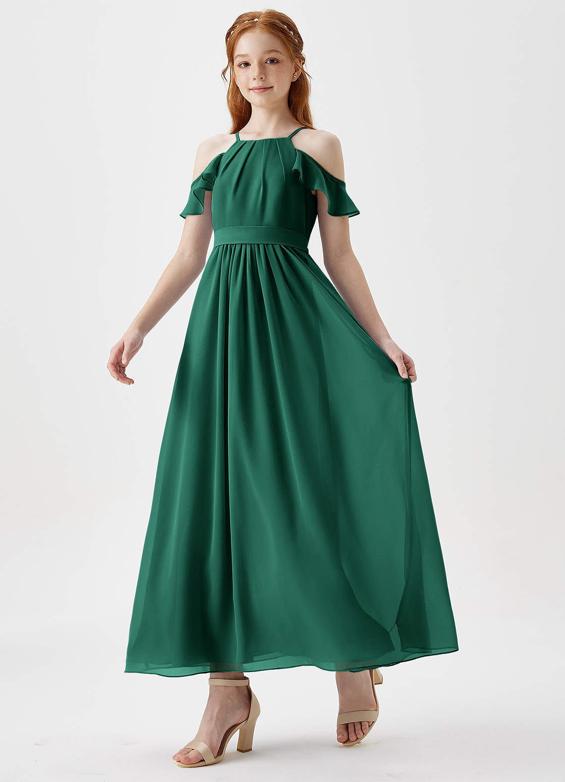 Azazie Chaya Junior Emerald A-Line Off the Shoulder Chiffon Dress image4