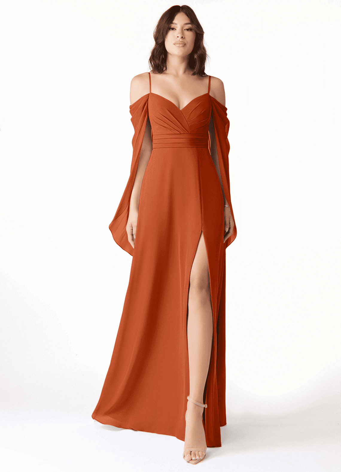 Azazie Cienna Vestidos de damas de honor Vestido de Naranja Quemada de Gasa de Corte en A con Vestidos sin tirantes image1