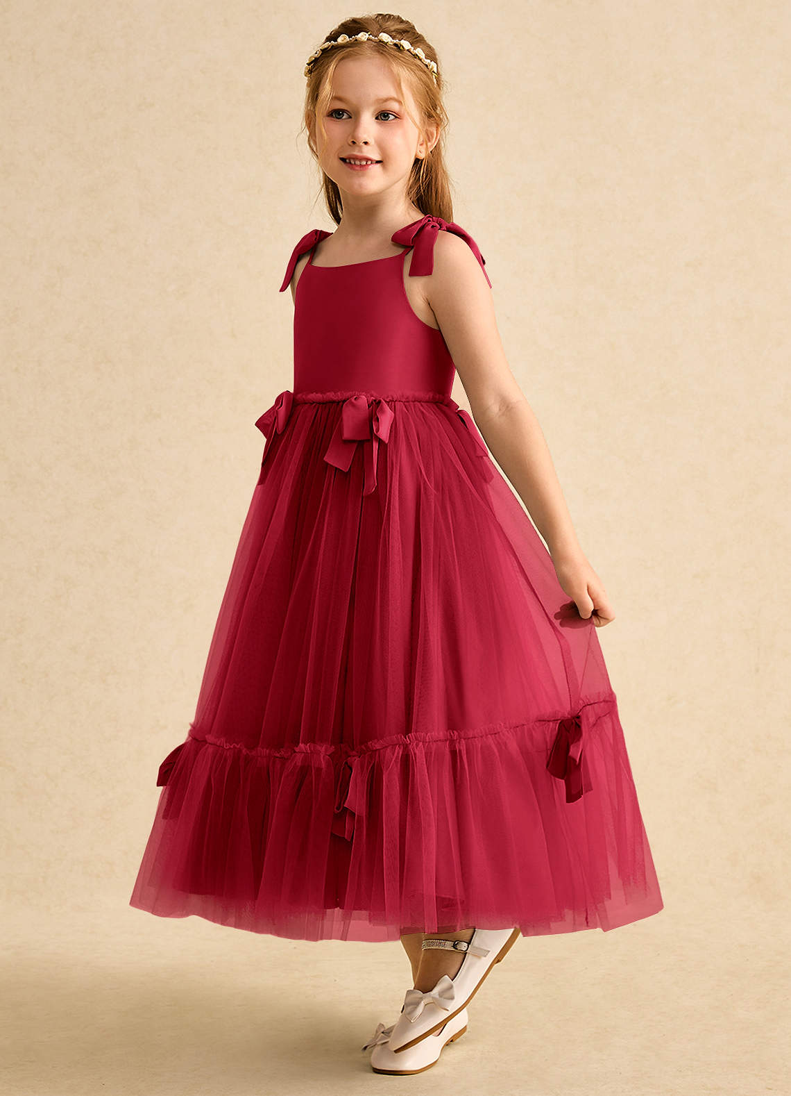Azazie Jaci Blumenmädchenkleider A-Linie Spaghetti Riemen Chiffon Kleid Scharlachrot image1