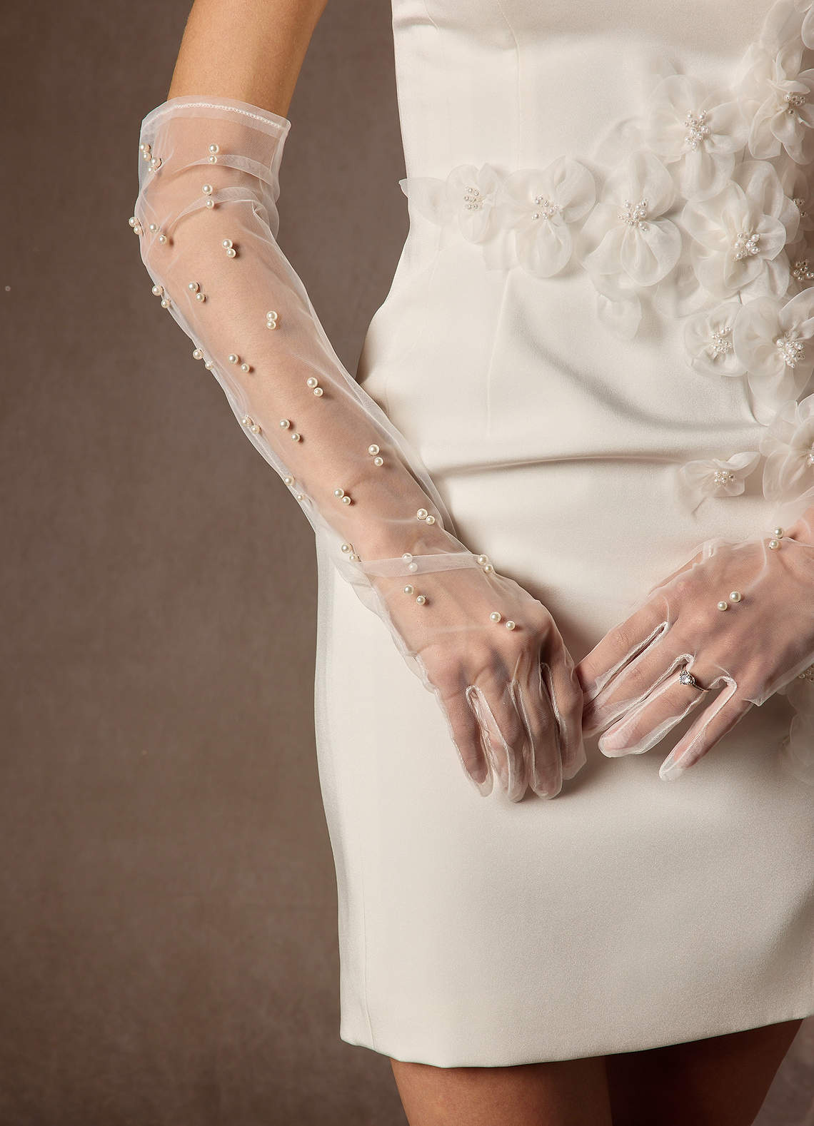 Guanti Sposa Senza Dita Guanti Da Sposa Senza Dita - Pizzo Con Perle Bianche, Laminati, Eleganti Per Matrimonio Baciamano Cerimonia - Foto 5