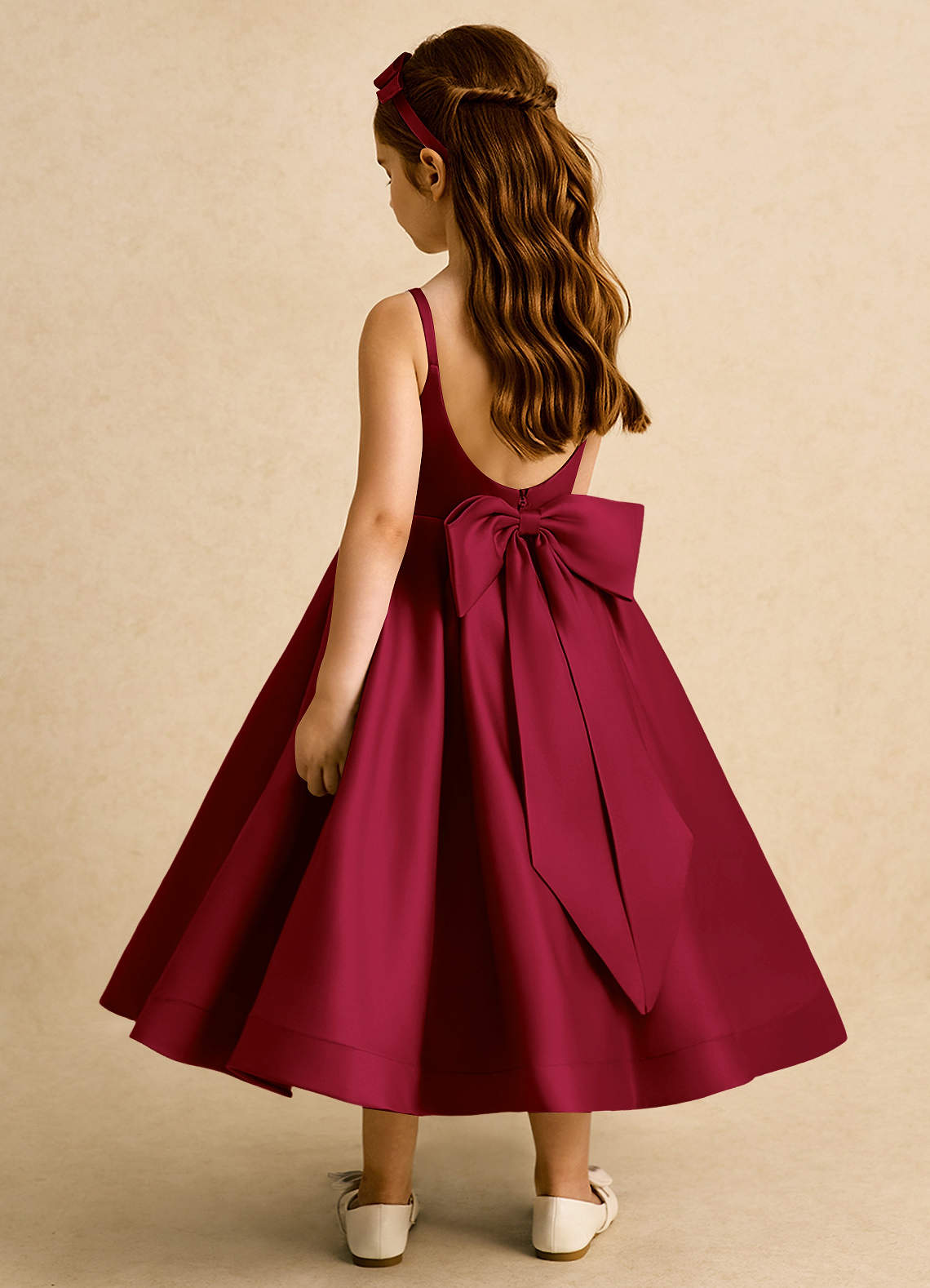 Azazie Babs Blumenmädchenkleider Ballkleid Plissee Matte Satin Kleid Burgunderrot image1