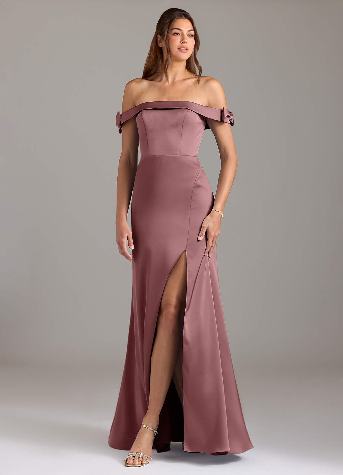 Azazie Zayla Bridesmaid Dresses Vintage Mauve A-Line Off the Shoulder Stretch Satin Convertible Dress image1