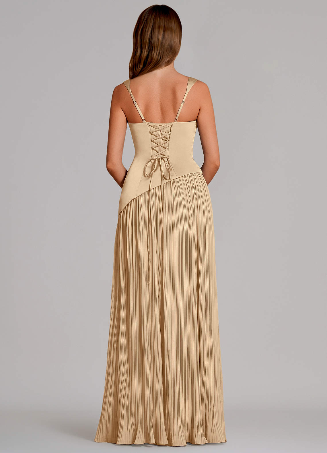 Azazie Stephanie Robes de demoiselle d'honneur Robe Trapèze en Satin extensible Plissée Champagne image4