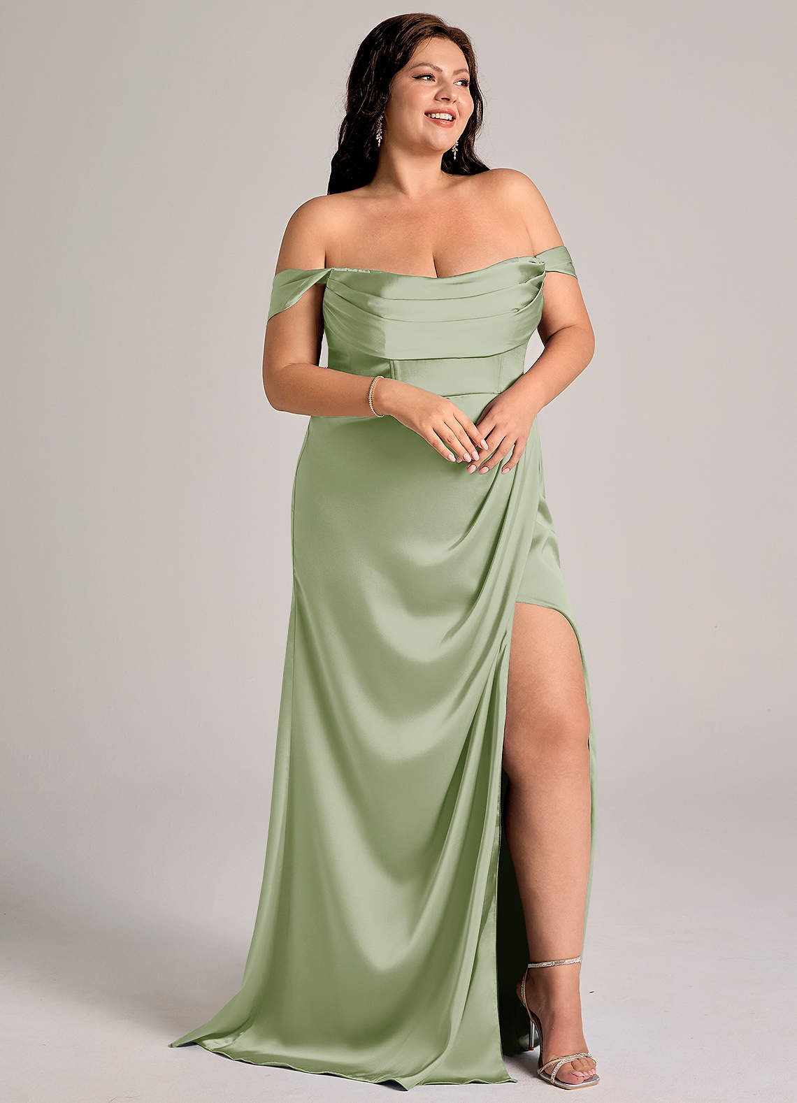 Azazie Johana Brautjungfernkleider Wandelbar Meerjungfrau-Linie Schulterfrei Stretch-Satin Kleid Staubiger Salbeigrün image10