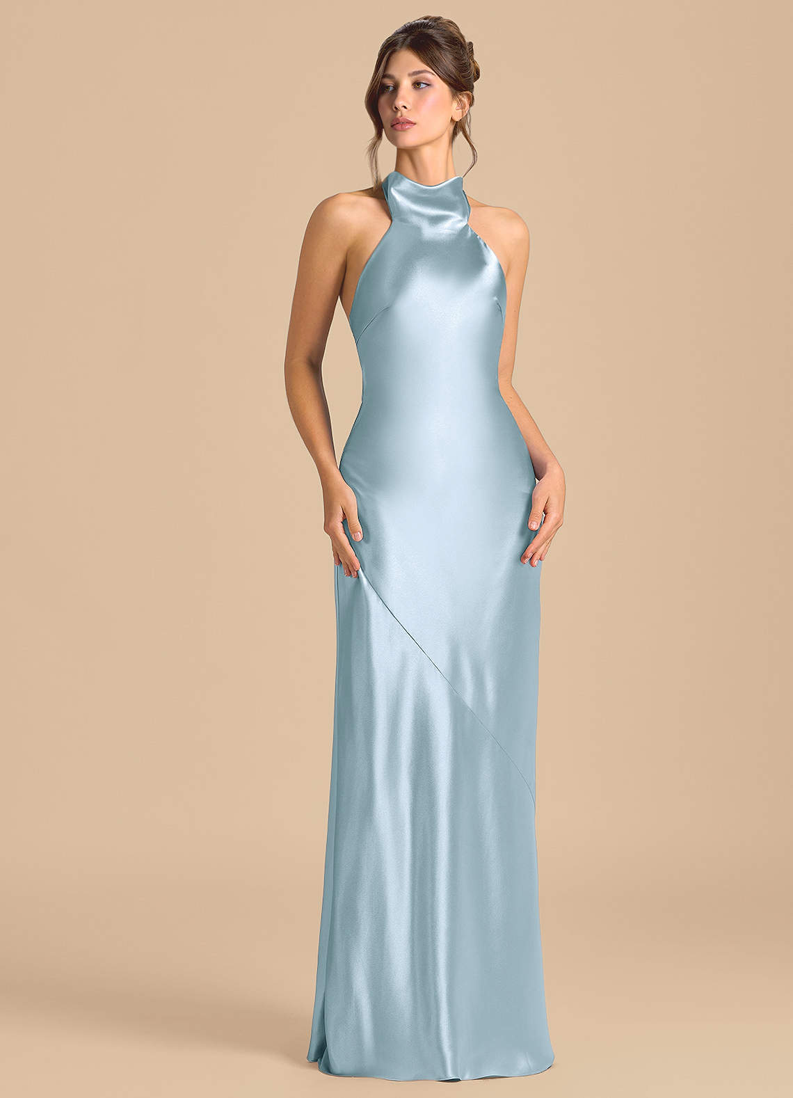 Azazie Velli Kjoler til hjemmeprøvning Skede Høj hals Metallisk satin Gulv-længde Kjole image1