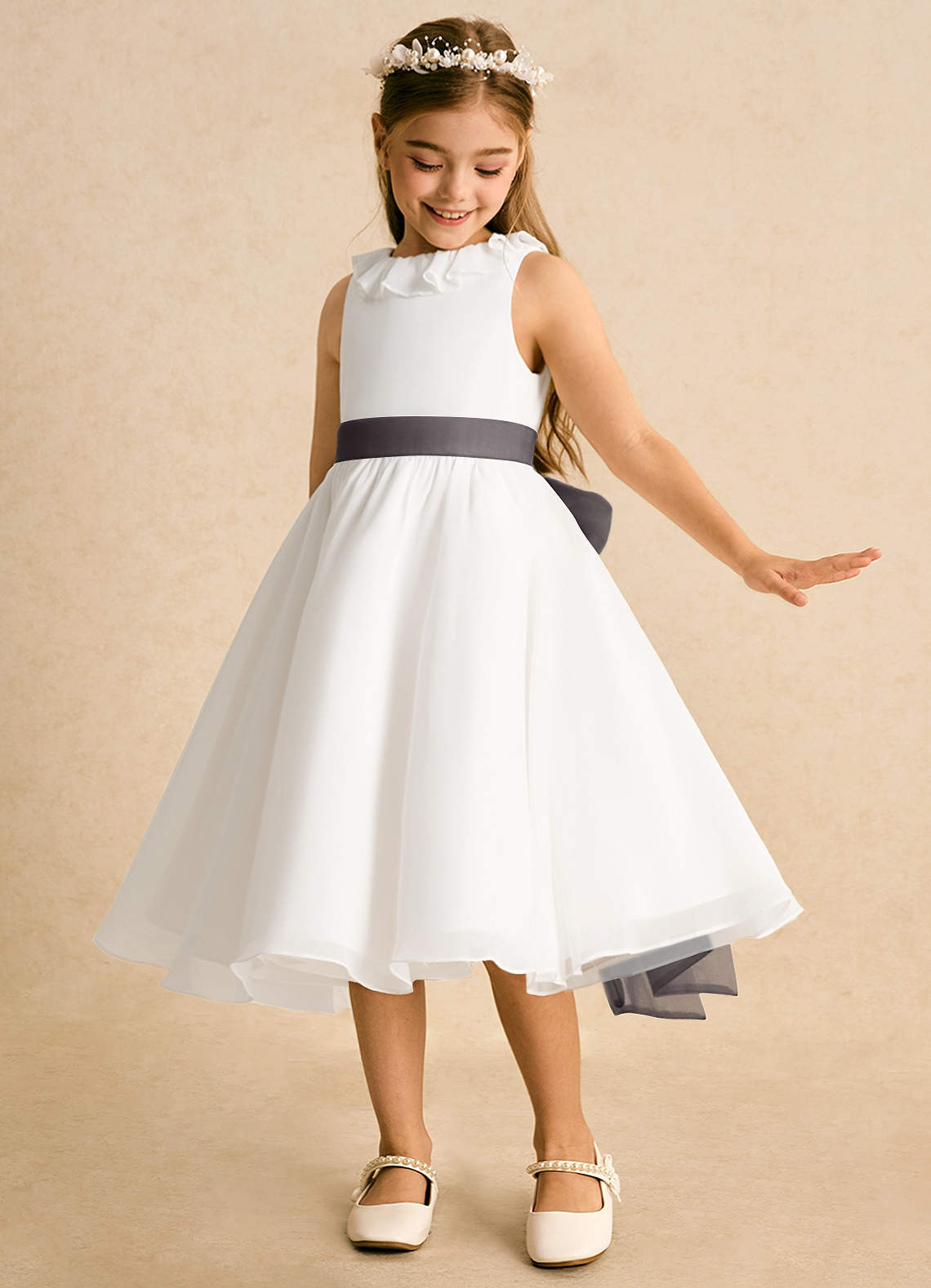 Azazie Dani Flower Girl Dresses Ivory Steel Grey A-Line Bow Chiffon Dress image1