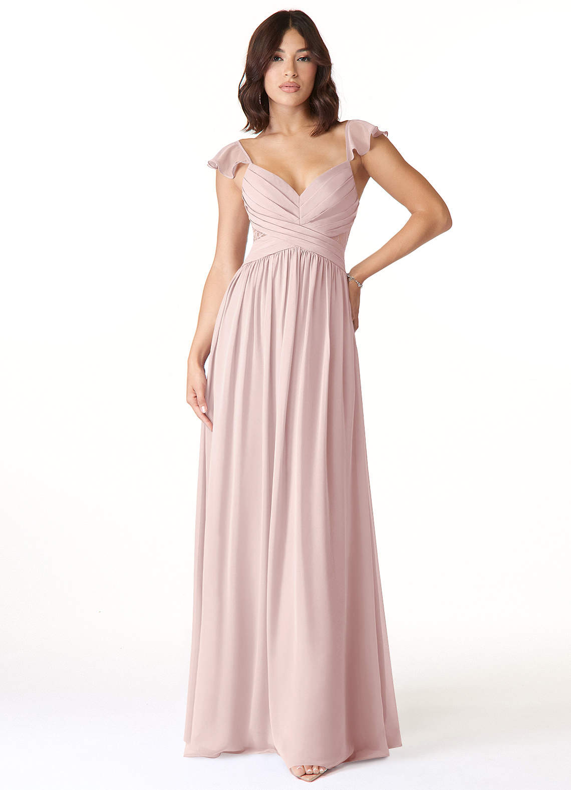 Azazie Lissa Bridesmaid Dresses Blushing Pink A-Line Lace Chiffon Dress image1