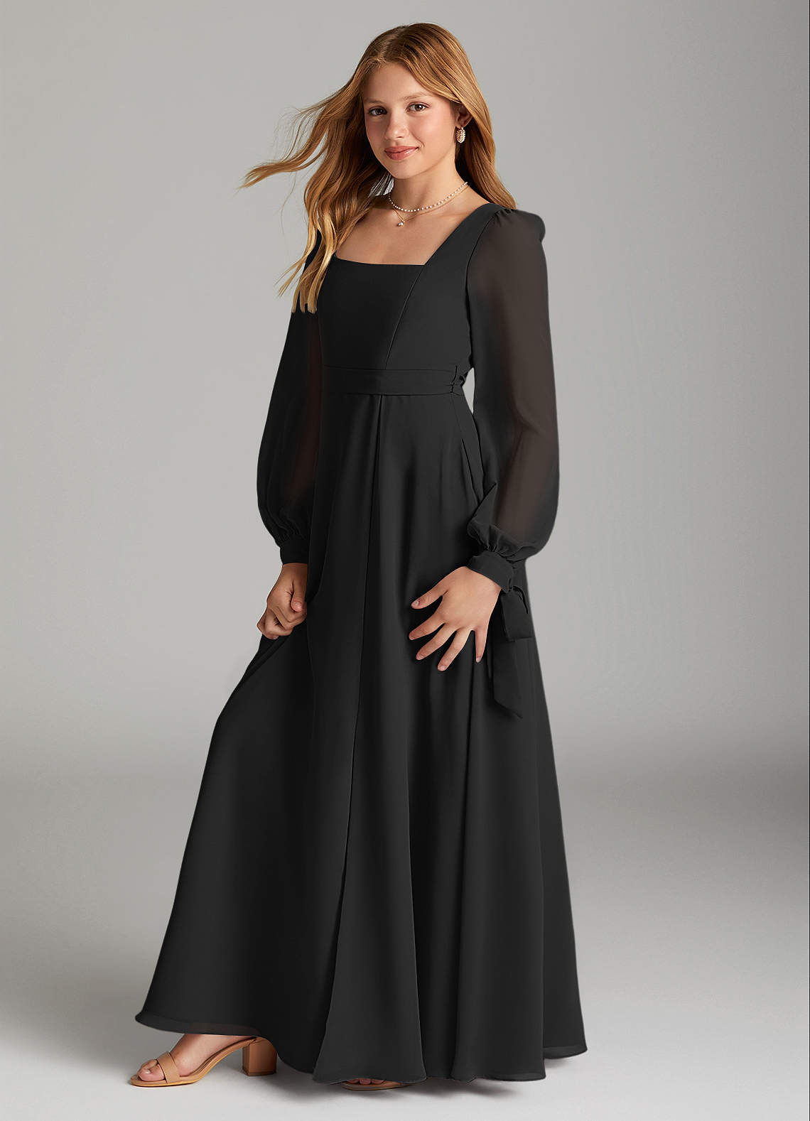 Azazie Leonia Junior Black A-Line with Pockets Chiffon Dress image3