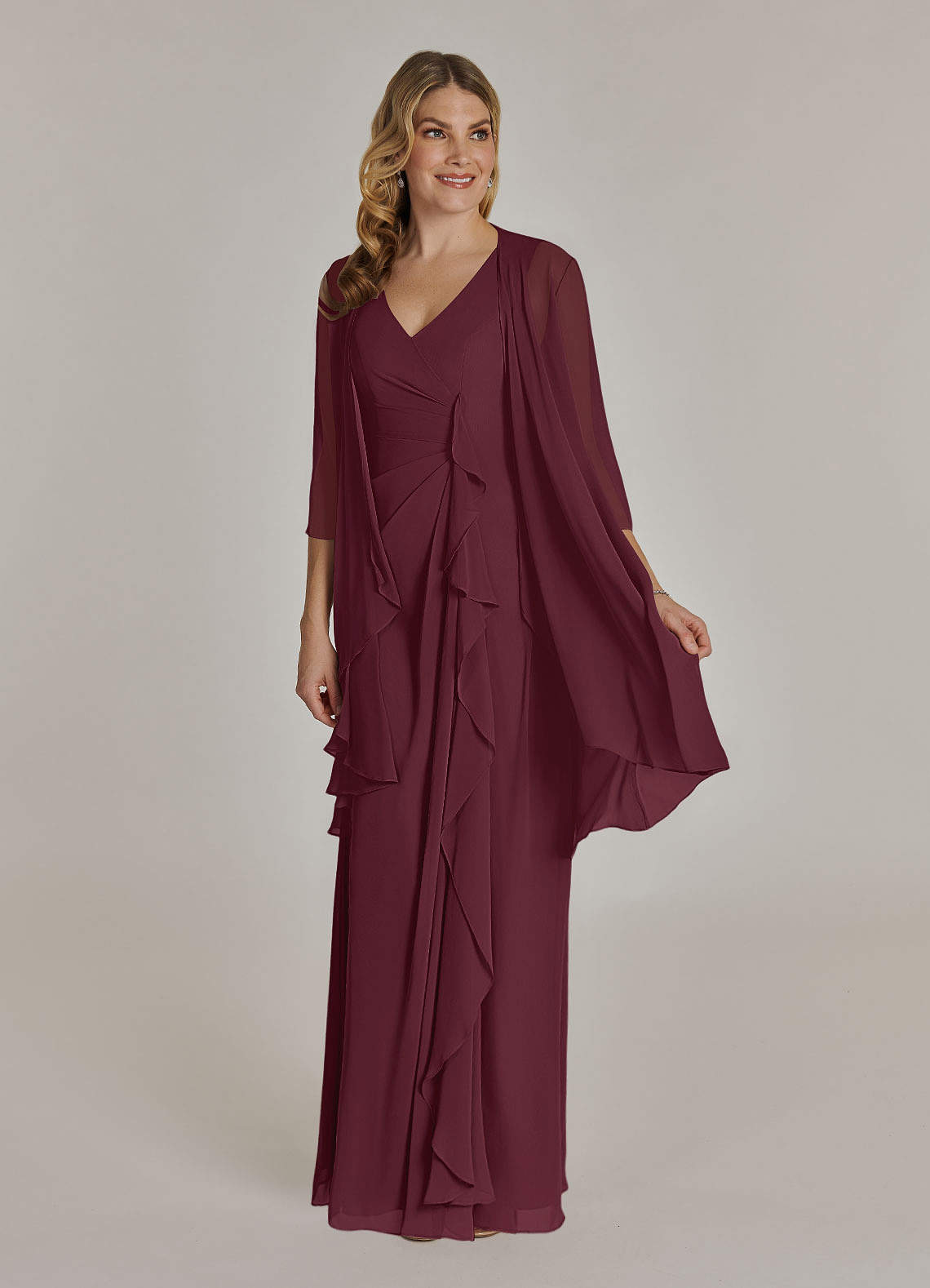 Empire Cross-pleated Chiffon Gown with Sweetheart Neck Cabernet