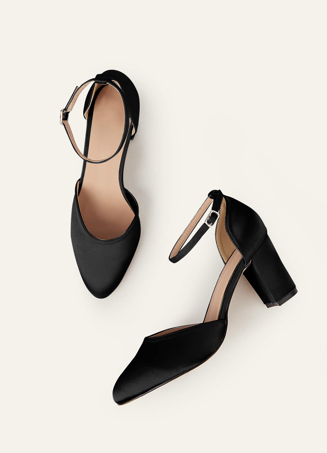 front Satin Ankle Strap Pointed Toe Block Heels