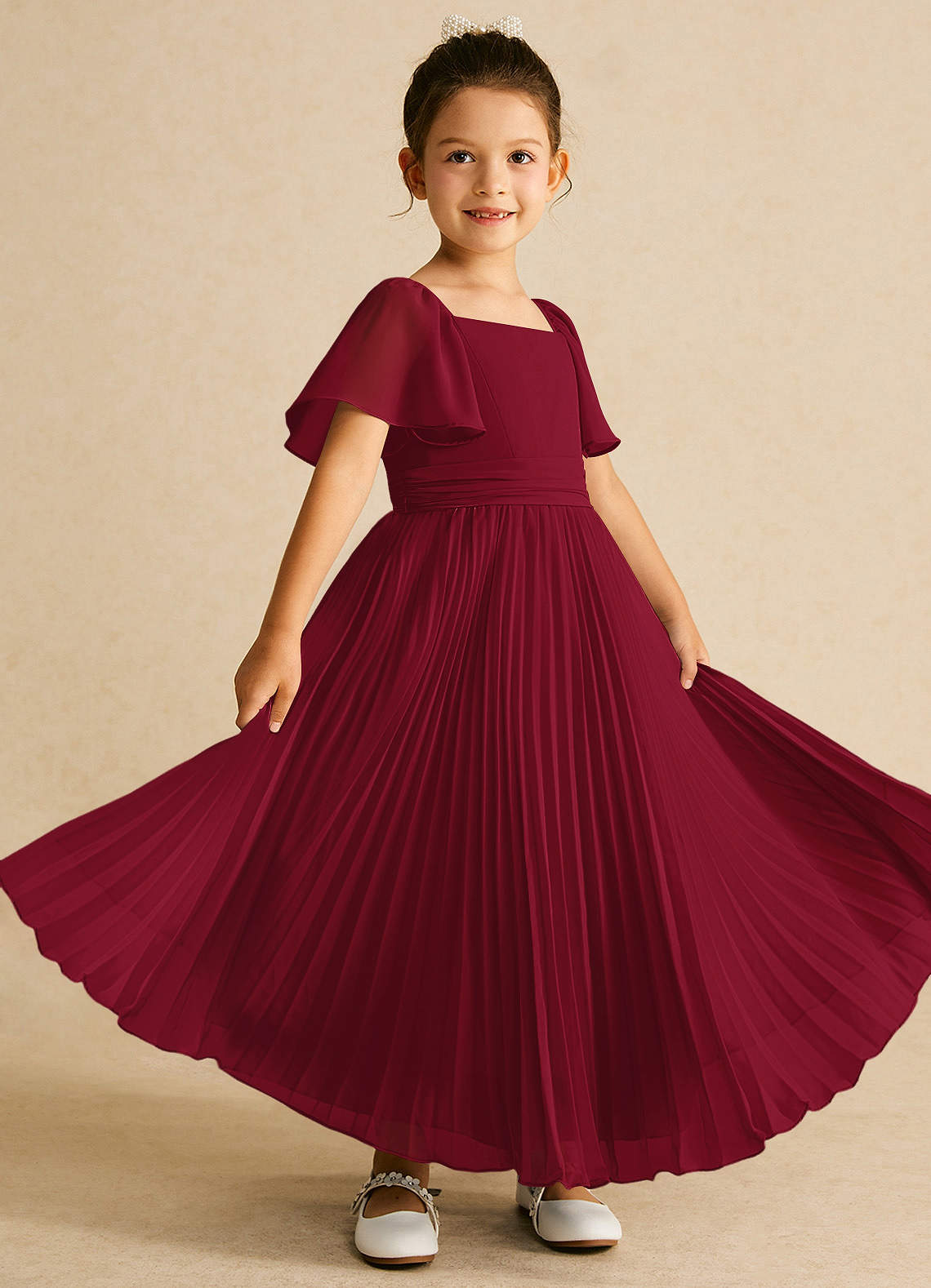 Azazie Bun Bun Flower Girl Dresses Burgundy A-Line Pleated Chiffon Dress image1
