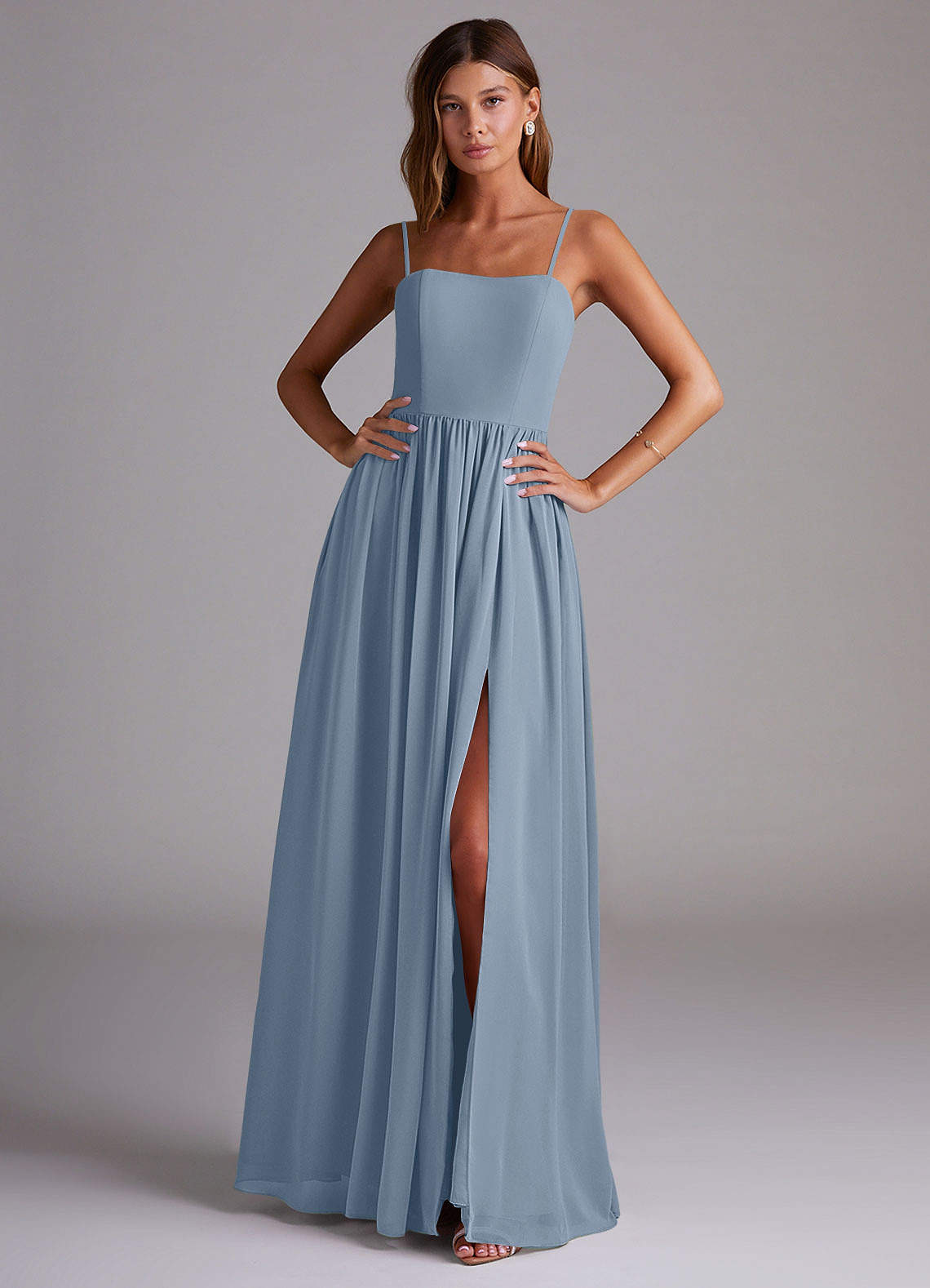 Azazie Calianna Bridesmaid Dresses Dusty Blue A-Line Off the Shoulder Chiffon Convertible Dress image1