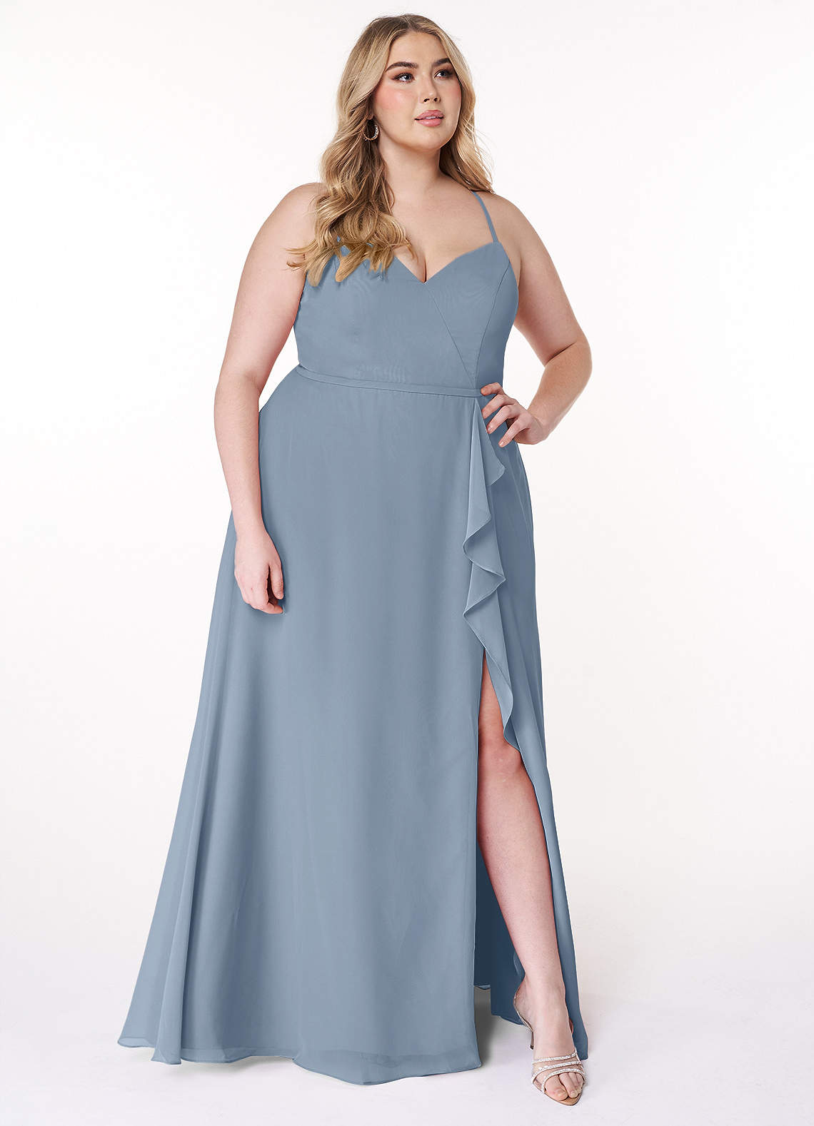 Azazie Naeem Bridesmaid Dresses Dusty Blue A-Line V-Neck Ruffle Chiffon Dress image8