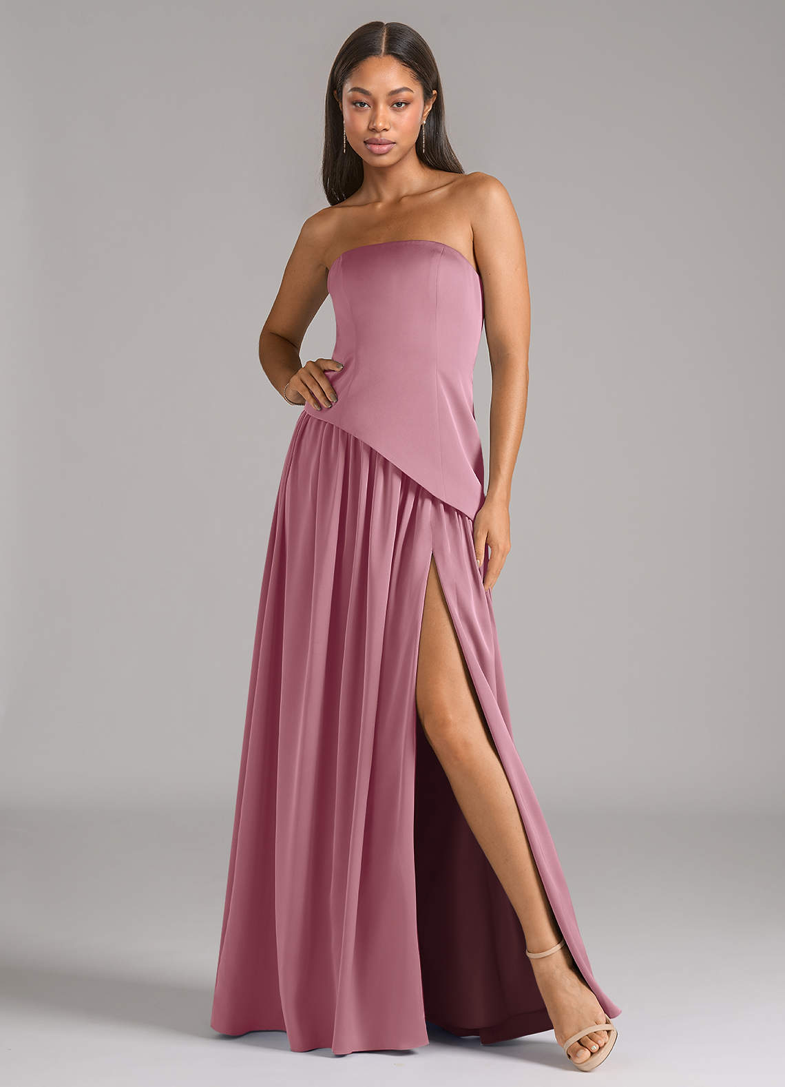 Azazie Adeline Bridesmaid Dresses Vintage Mauve A-Line Strapless Stretch Satin Convertible Dress image1