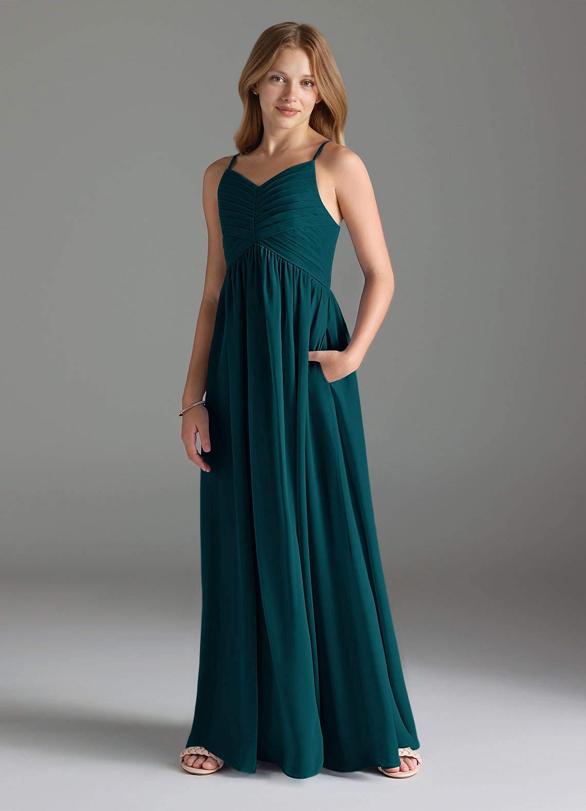 Azazie Alia Junior Pine A-Line Pleated Chiffon Dress image1
