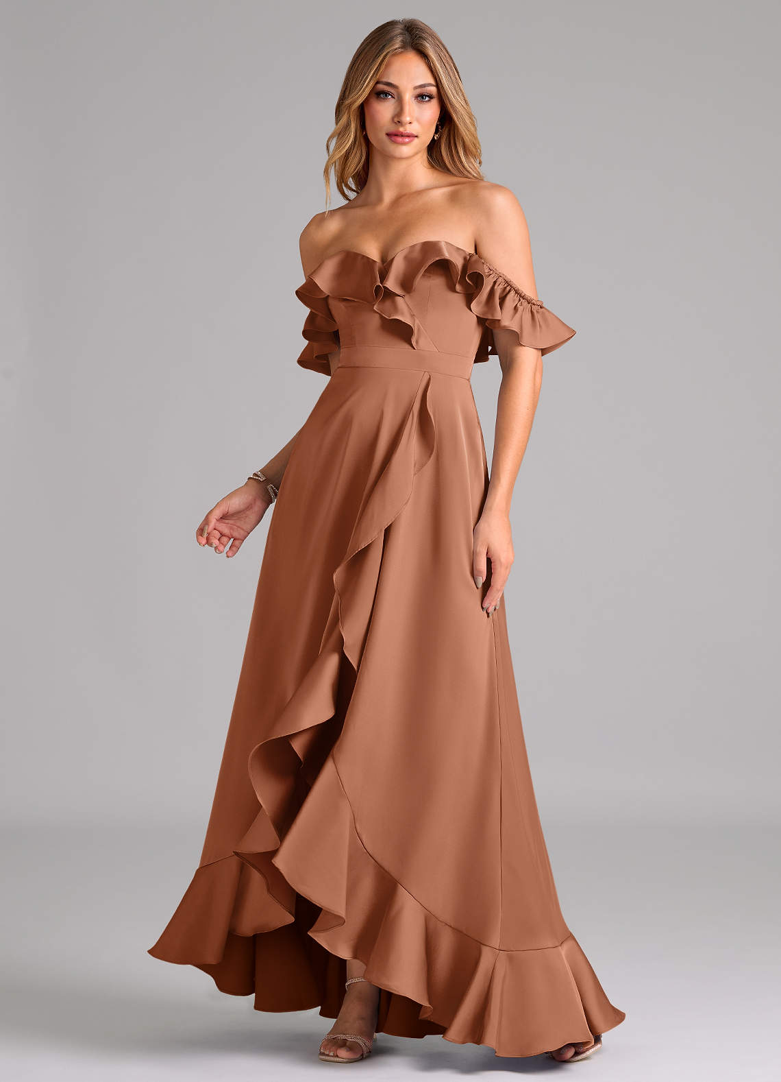 Azazie Lyra Bridesmaid Dresses Bronzer A-Line Off the Shoulder Stretch Satin Convertible Dress image1