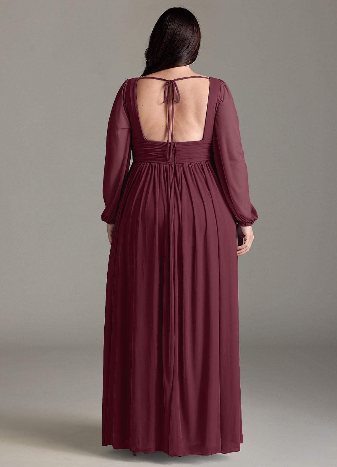 Azazie Norah Vestidos de damas de honor Vestido de Cabernet de Gasa de Corte en A con Manga larga con cuello en V image6
