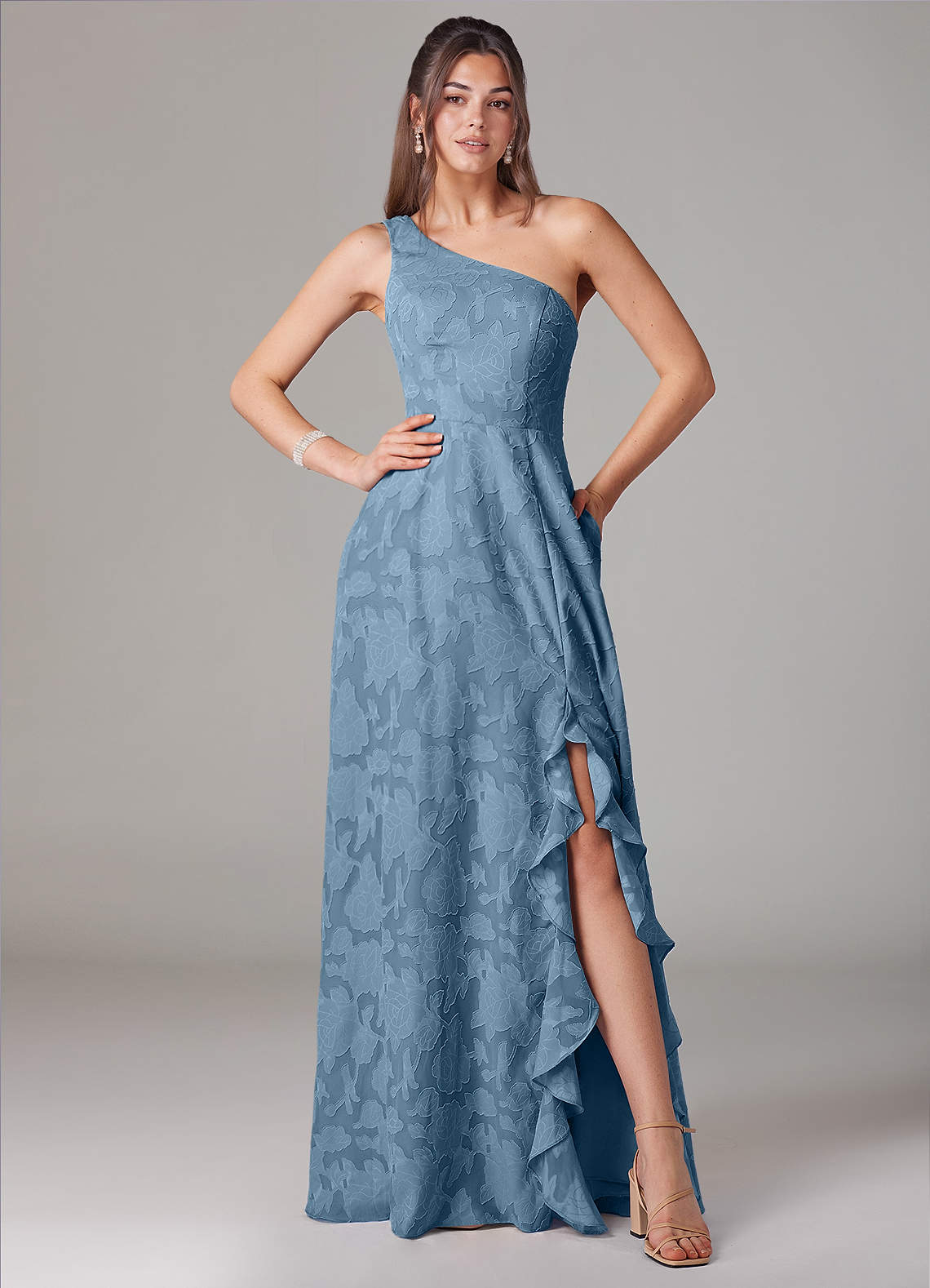 Azazie A-Line One-Shoulder Floor-Length Floral Burnout Bridesmaid Dresses - Steel Blue