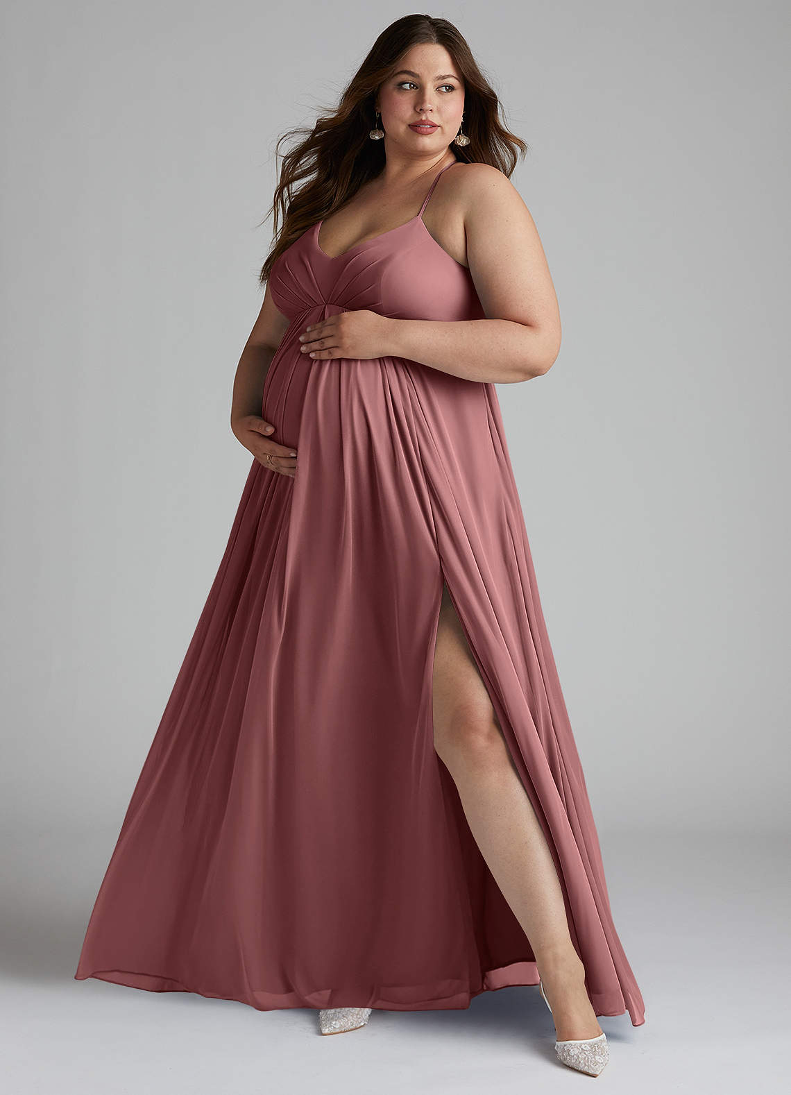 Azazie Annabelle Maternity Bridesmaid Dresses A-Line V-Neck Pleated Mesh Floor-Length Dress image6