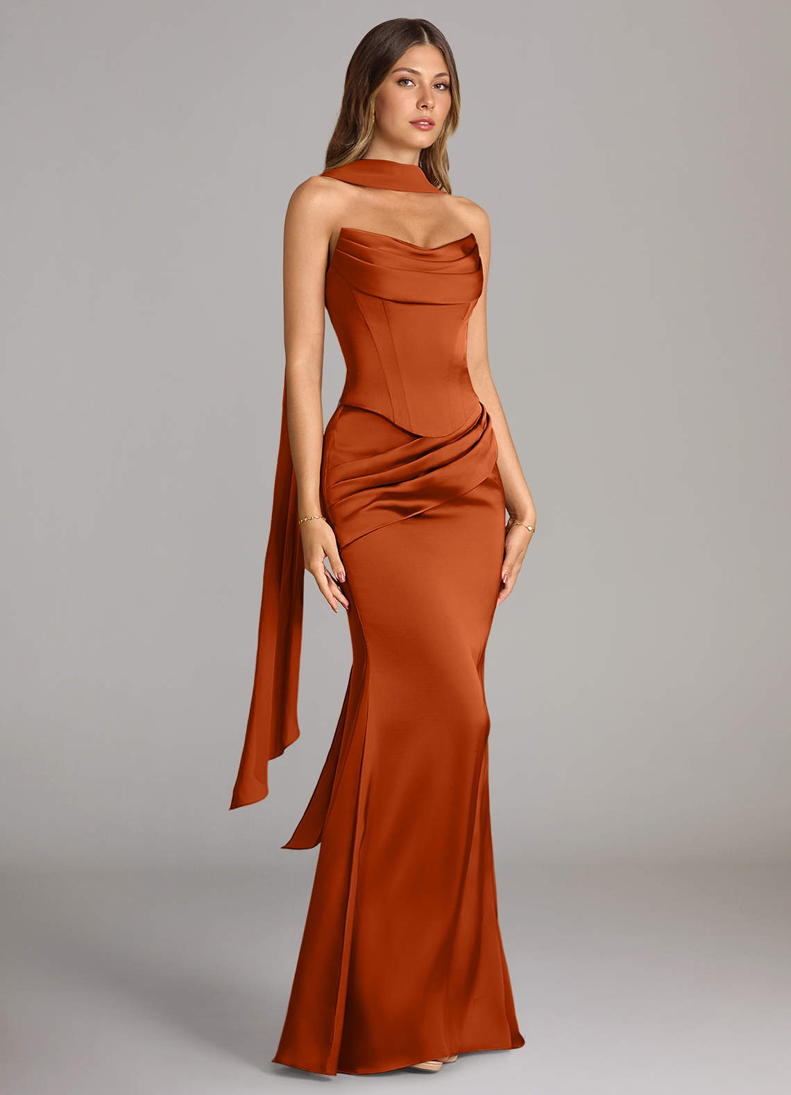 Azazie Sorrel Vestidos de damas de honor Vestido de Naranja Quemada de Satén Elástico de Corte Sirena Convertible con Sin tirantes image2