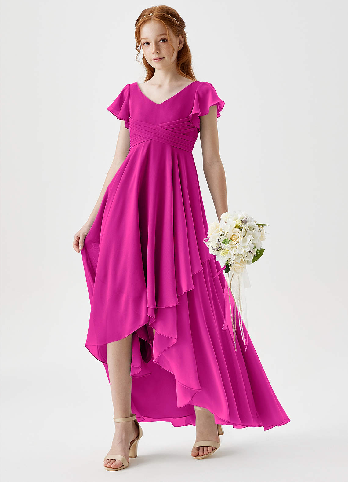 Azazie Caria Junior Robe Trapèze en Mousseline de soie Plissée Fuchsia image1