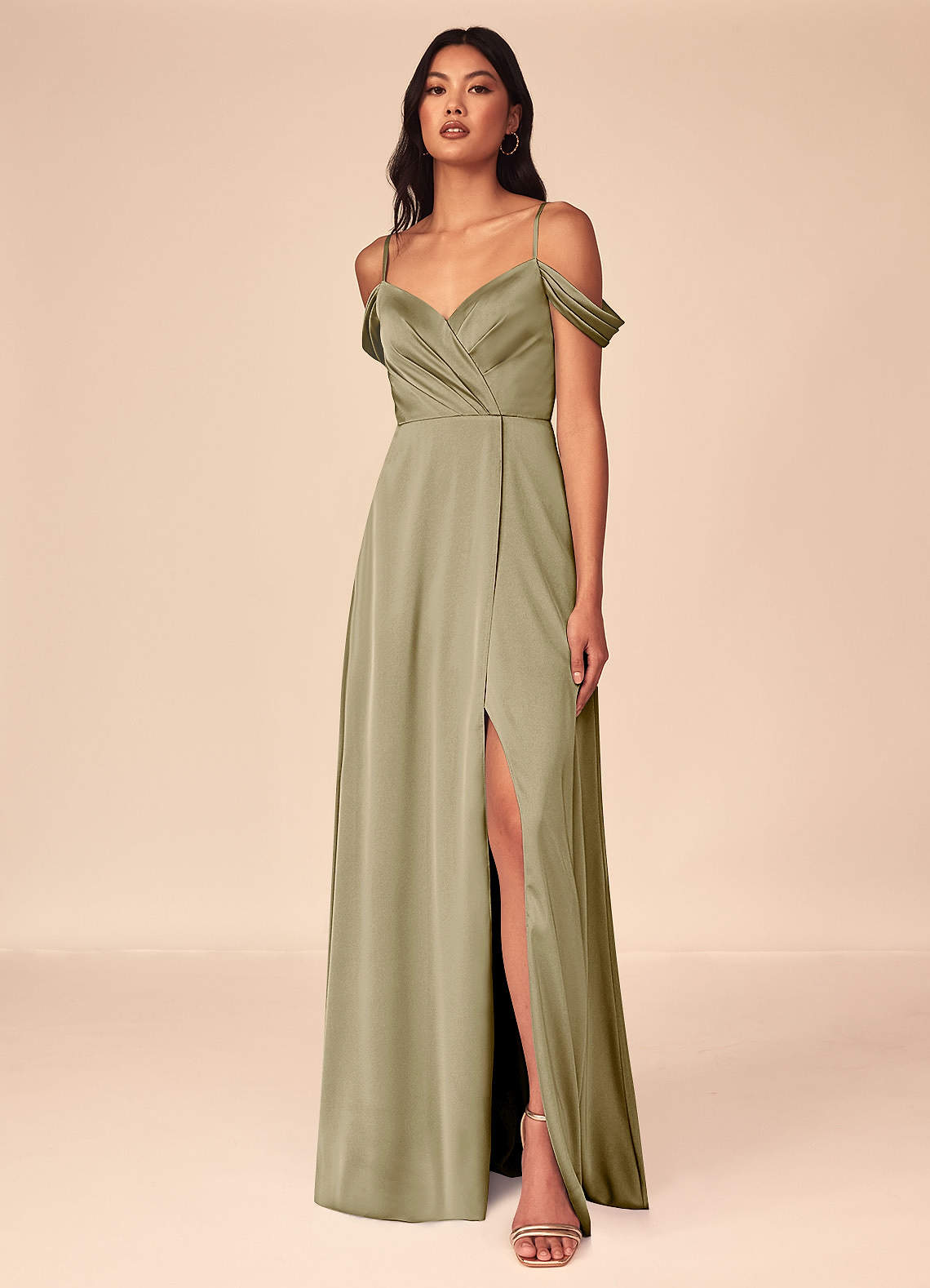 Azazie Ocean Bridesmaid Dresses Moss Green A-Line V-Neck Pleated Stretch Satin Dress image1