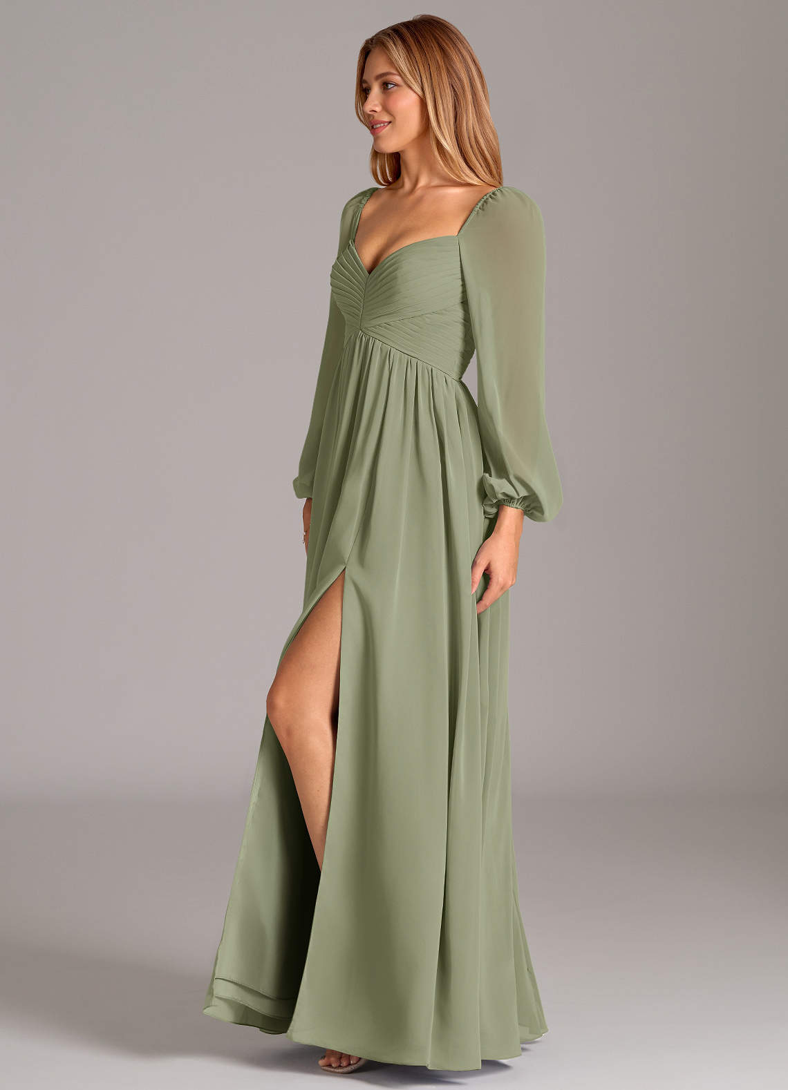 Azazie Bailee Bridesmaid Dresses Pistachio A-Line Long Sleeve Chiffon Dress image2