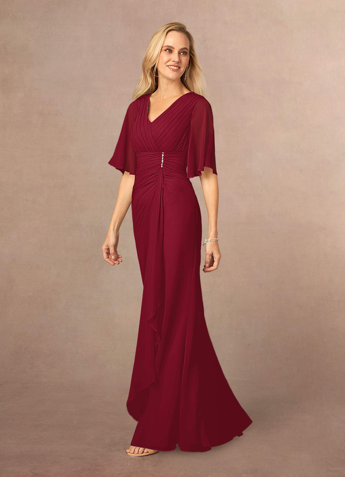 Azazie Carson Burgundy A-Line V-Neck Lace Chiffon Dress | Azazie