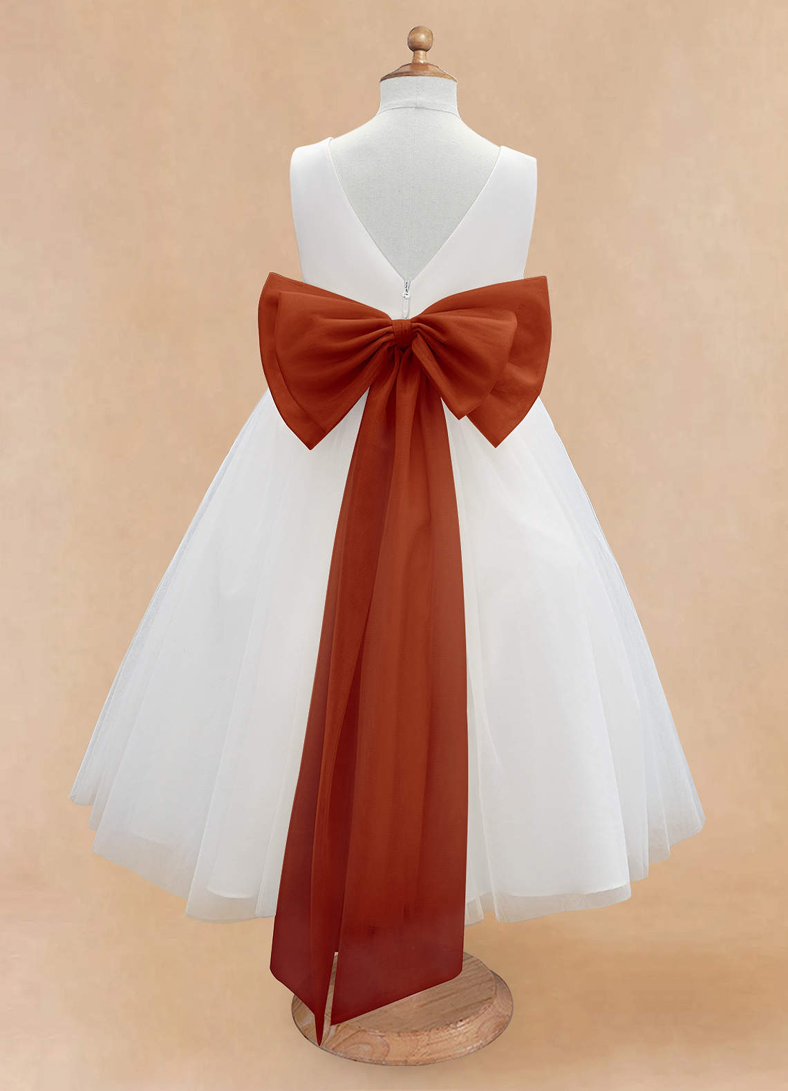 Azazie Kavi Flower Girl Dresses Ivory Paprika A-Line Bow Matte Satin Dress image7