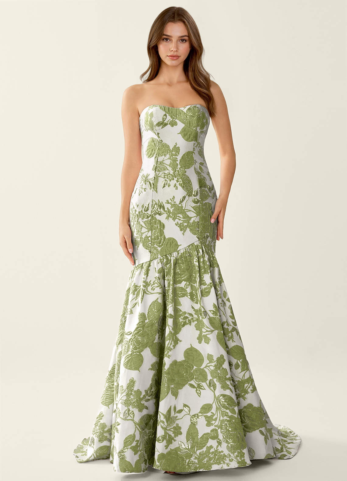 Jacinta Green Floral Jacquard wrap Mermaid Prom Dress | Azazie