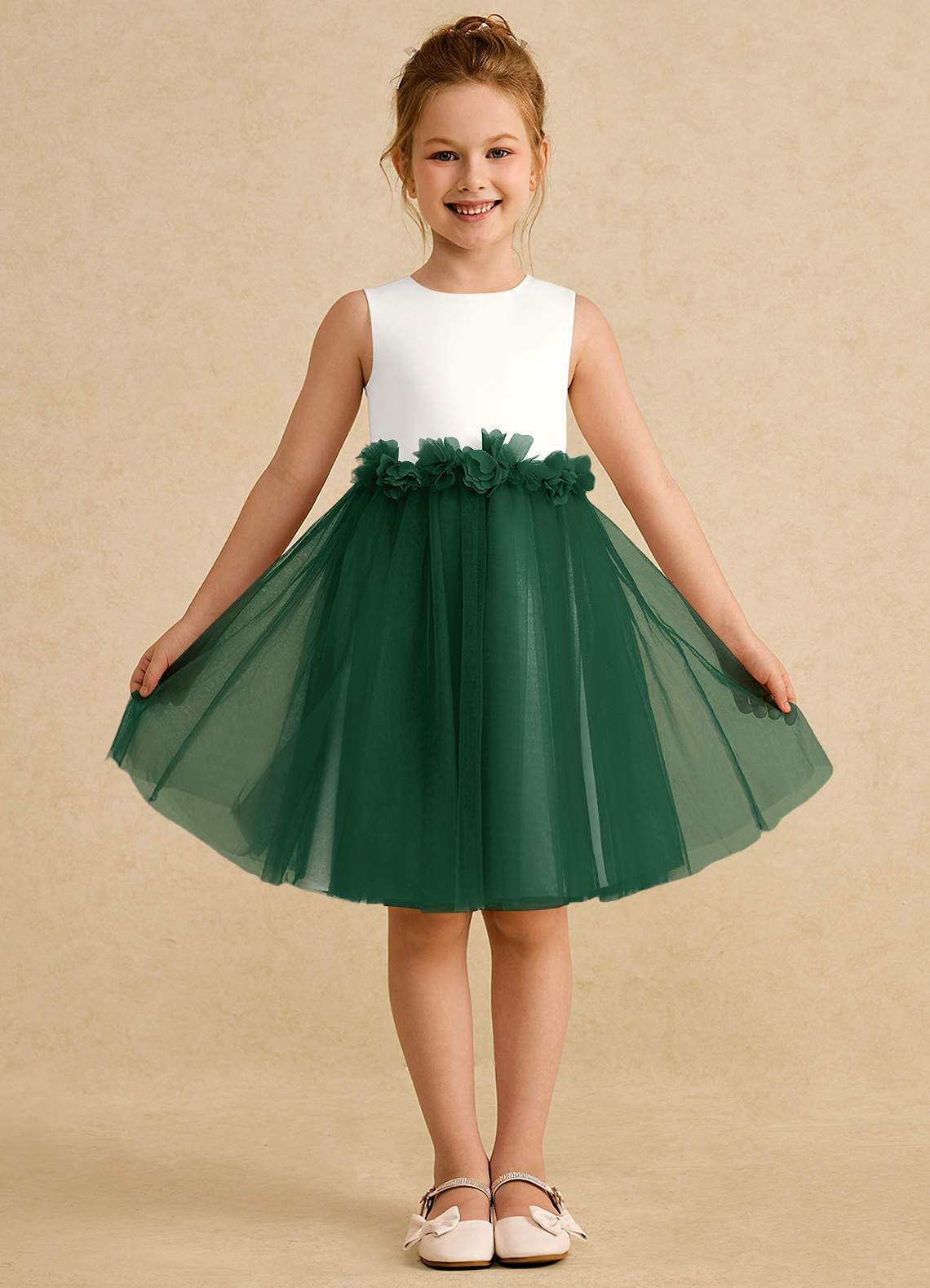 Azazie Louisa Flower Girl Dresses Ivory Dark Green A-Line Sleeveless Tulle Dress image1