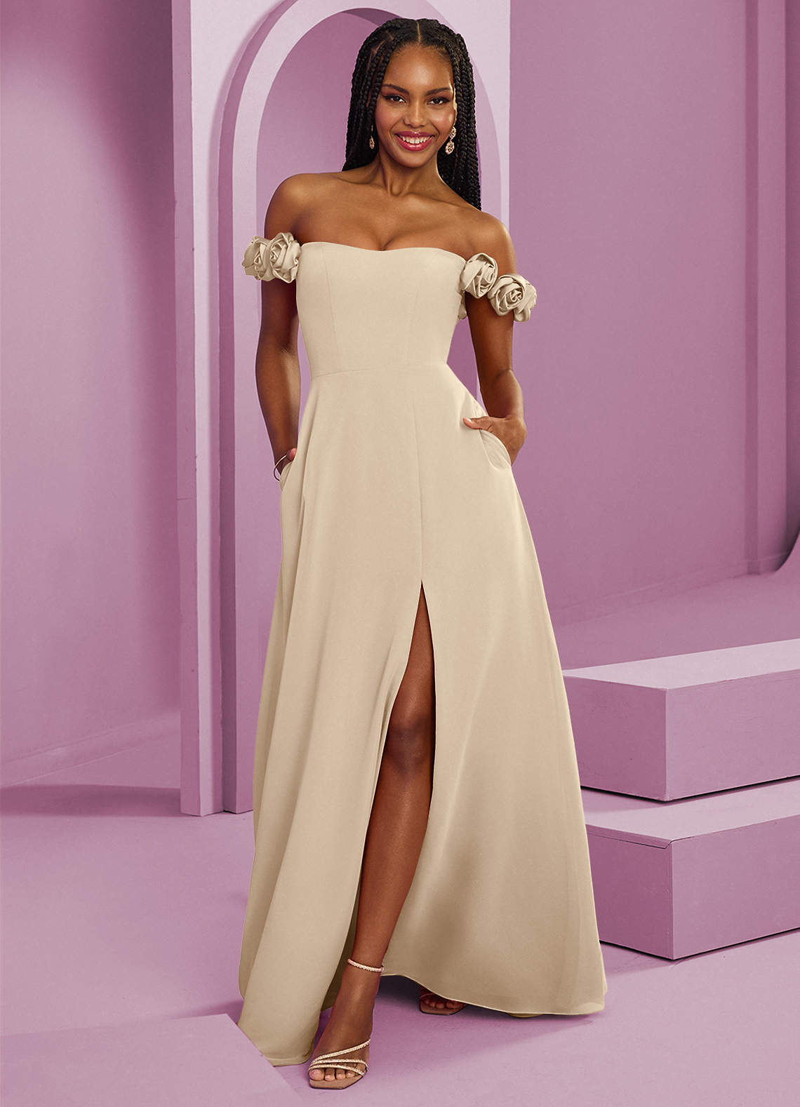 Barbie ♥ Azazie Bridesmaid Dresses Champagne A-Line Off the Shoulder Chiffon Convertible Dress image1