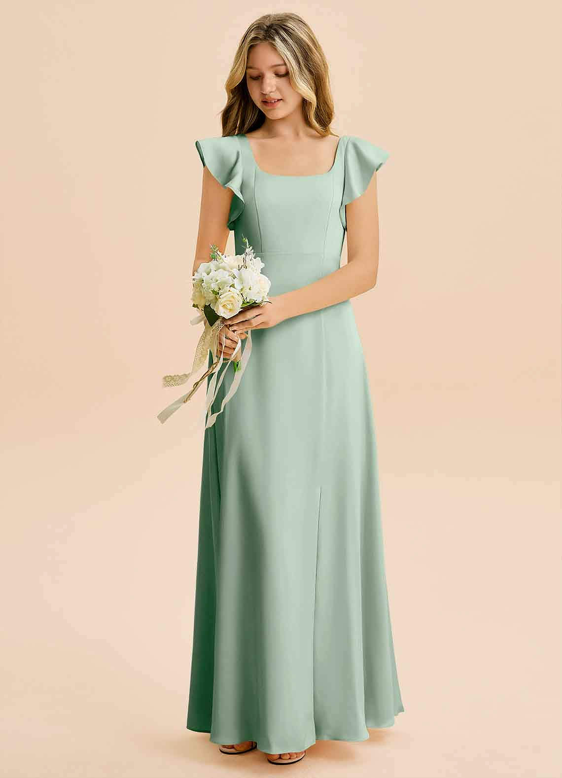 Azazie Bondi Junior Agave A-Line Side Slit Stretch Satin Dress image4