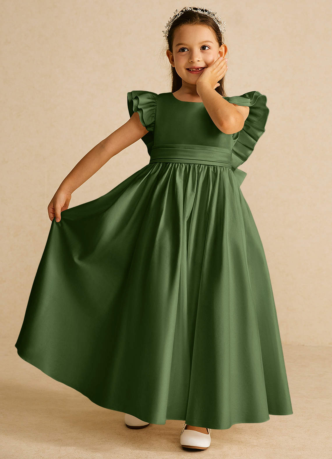 Azazie Piglette Olive A-Line Bow Matte Satin Dress | Azazie